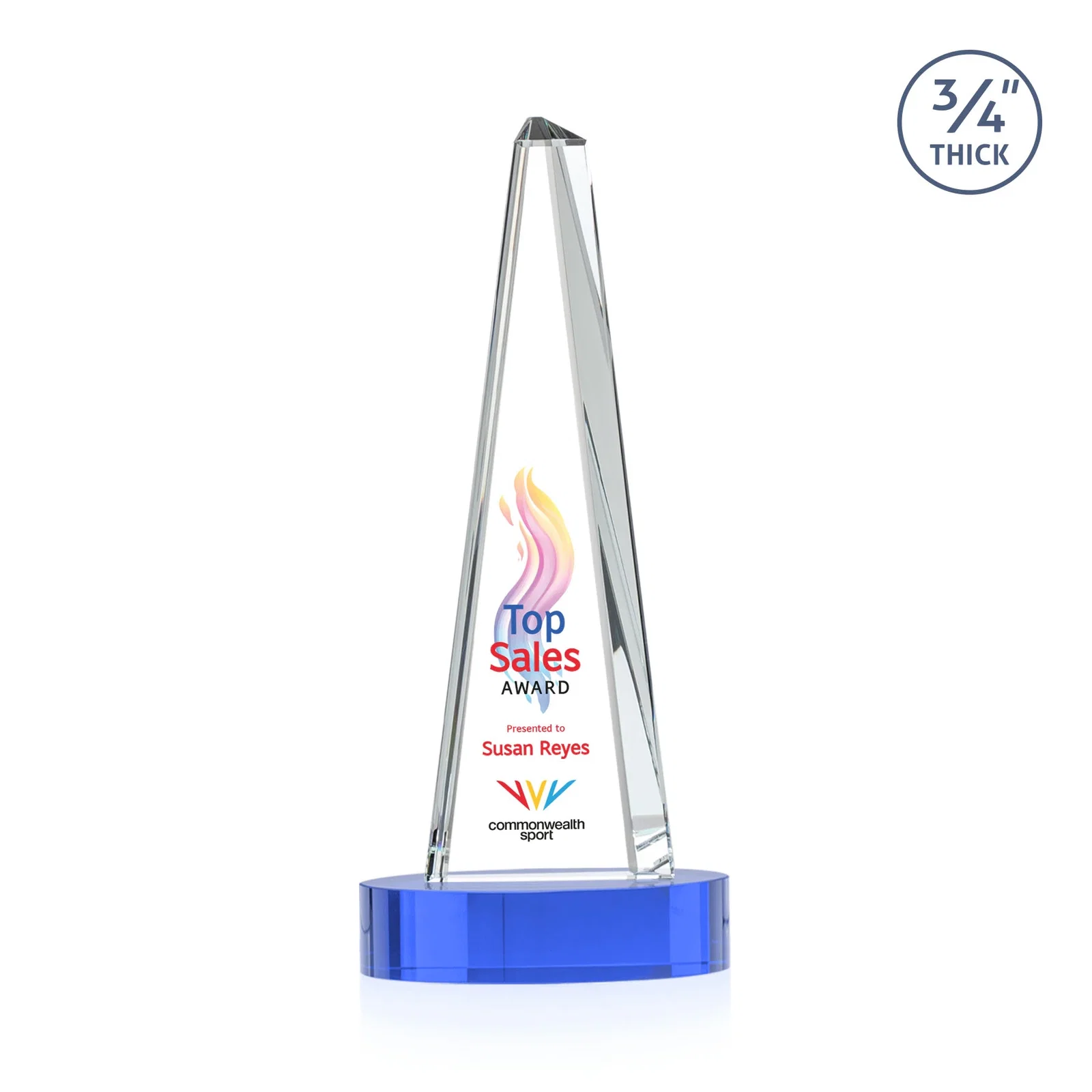 Custom engraved Starfire Crystal Tower Award, 3/4 Inch Thick, Alberton Base for volunteer appreciation