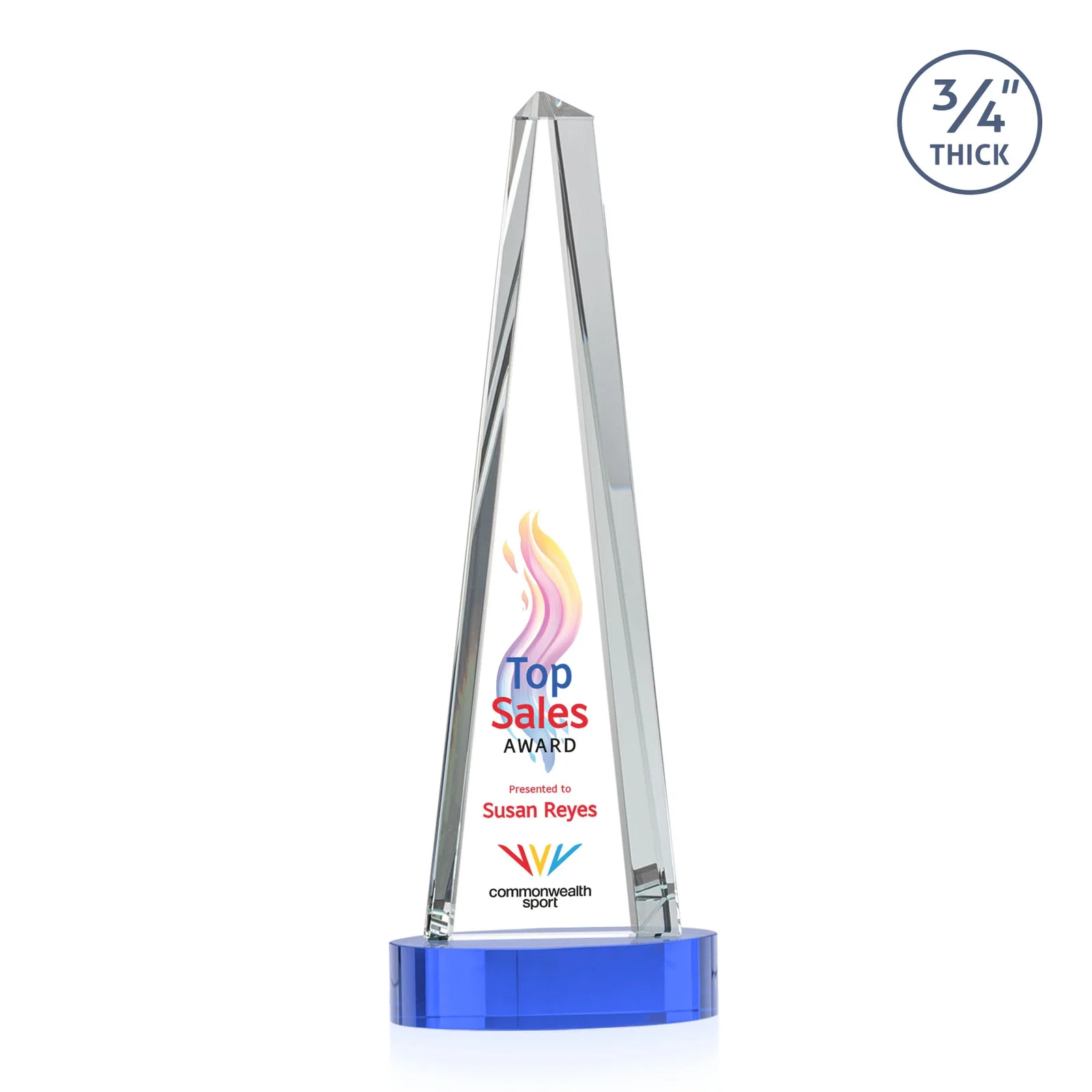 Custom engraved Starfire Crystal Tower Award, 3/4 Inch Thick, Alberton Base for dealer and partner awards