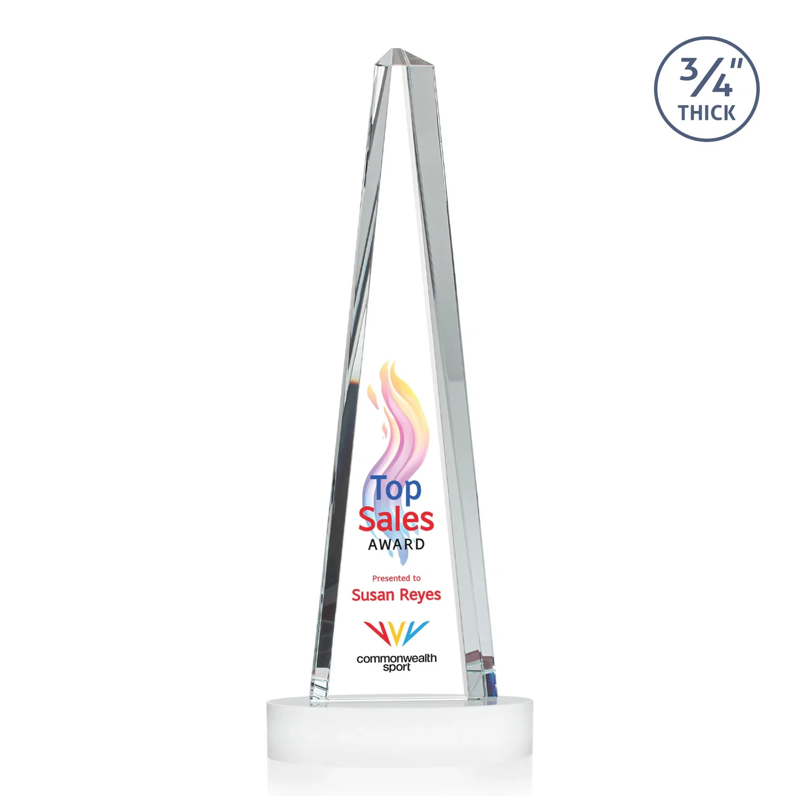 Custom Starfire Crystal Tower Award, 3/4 Inch Thick, Alberton Base, with your logo for retirement presentations
