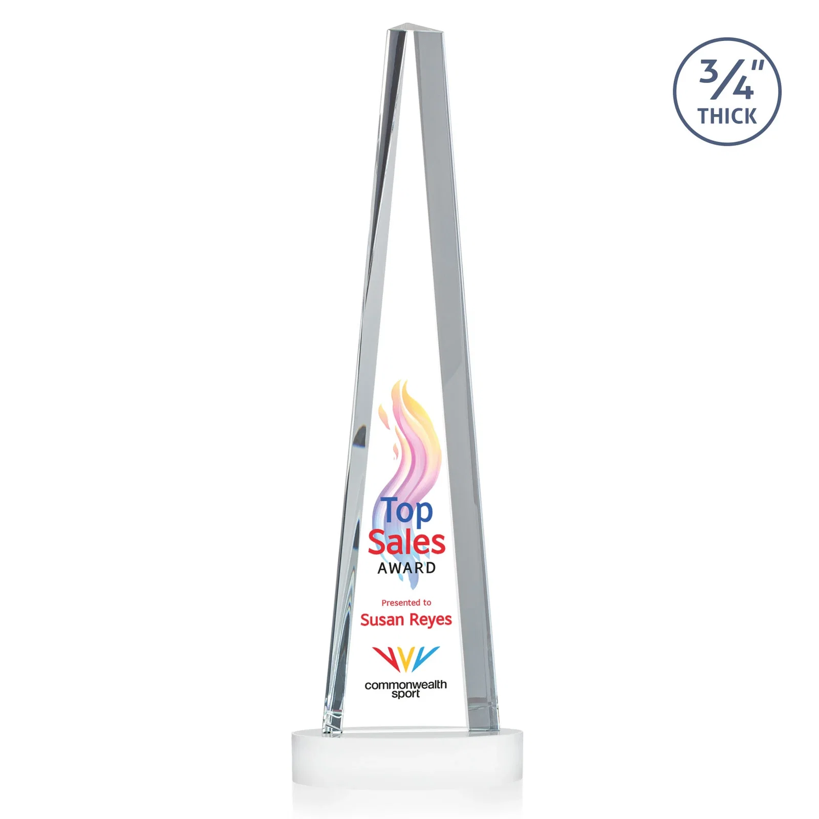 Custom Starfire Crystal Tower Award, 3/4 Inch Thick, Alberton Base, with your logo for team milestone celebrations