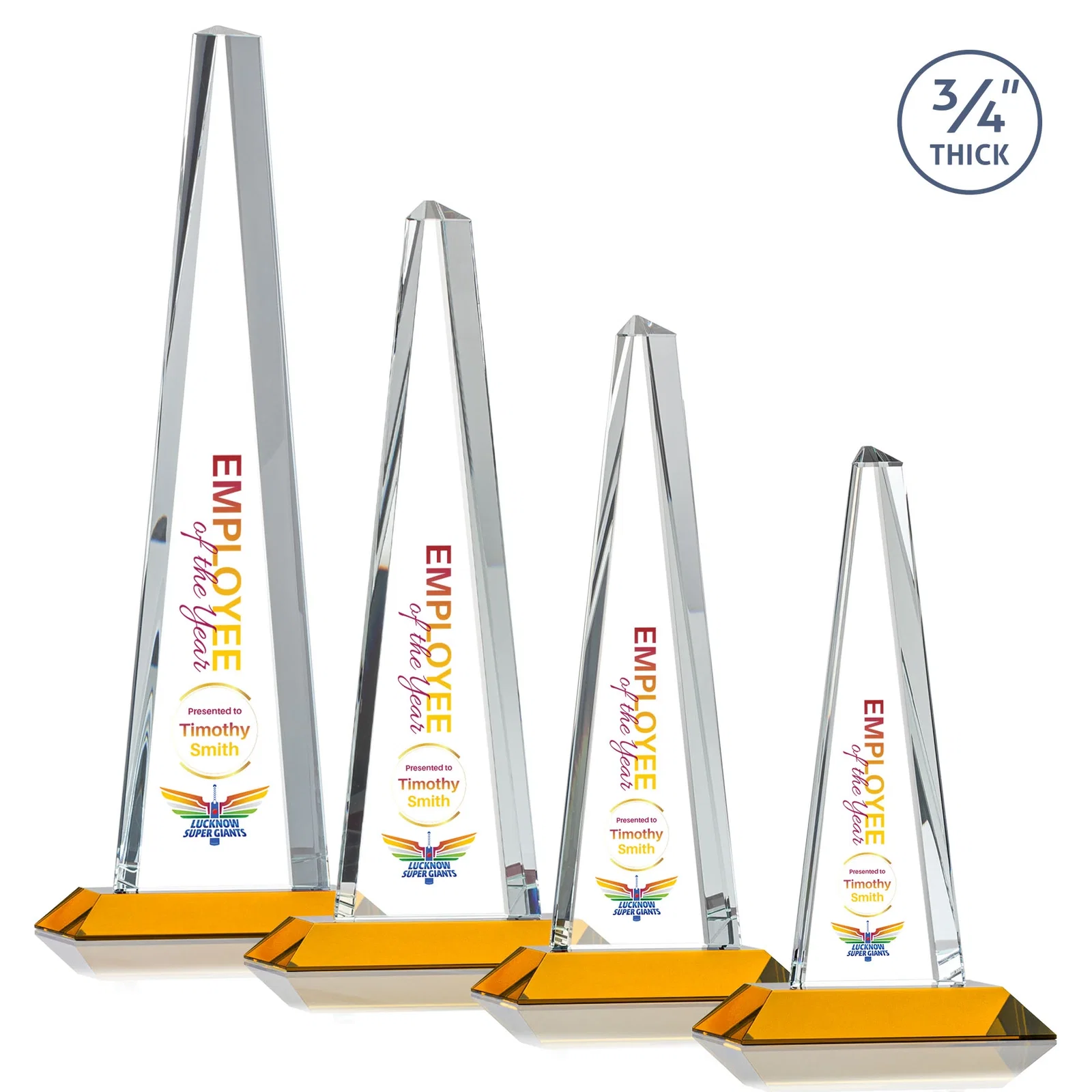 Custom printed Starfire Crystal Tower Award With a Matching Crystal Base for retirement presentations