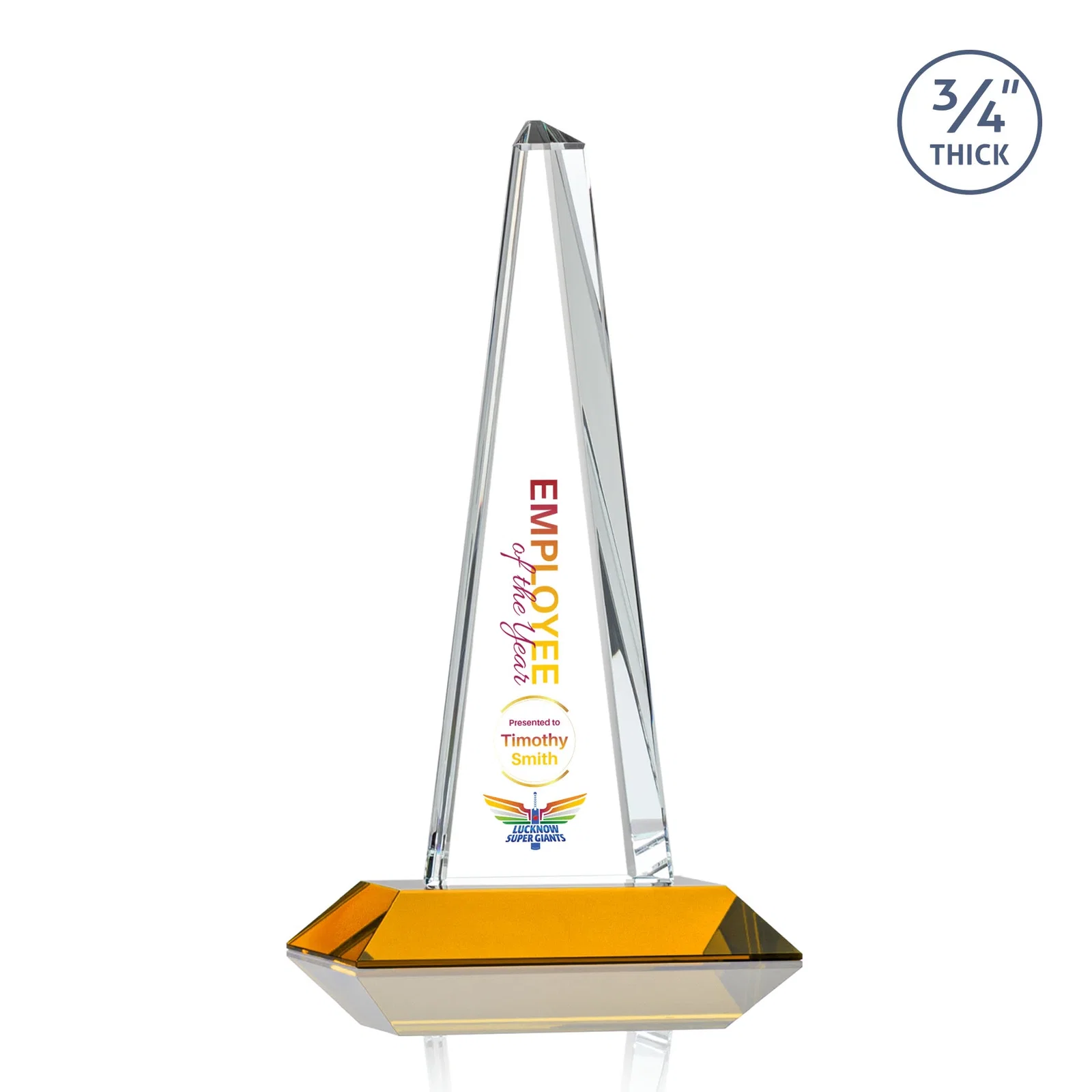 Custom printed Starfire Crystal Tower Award With a Matching Crystal Base for team milestone celebrations