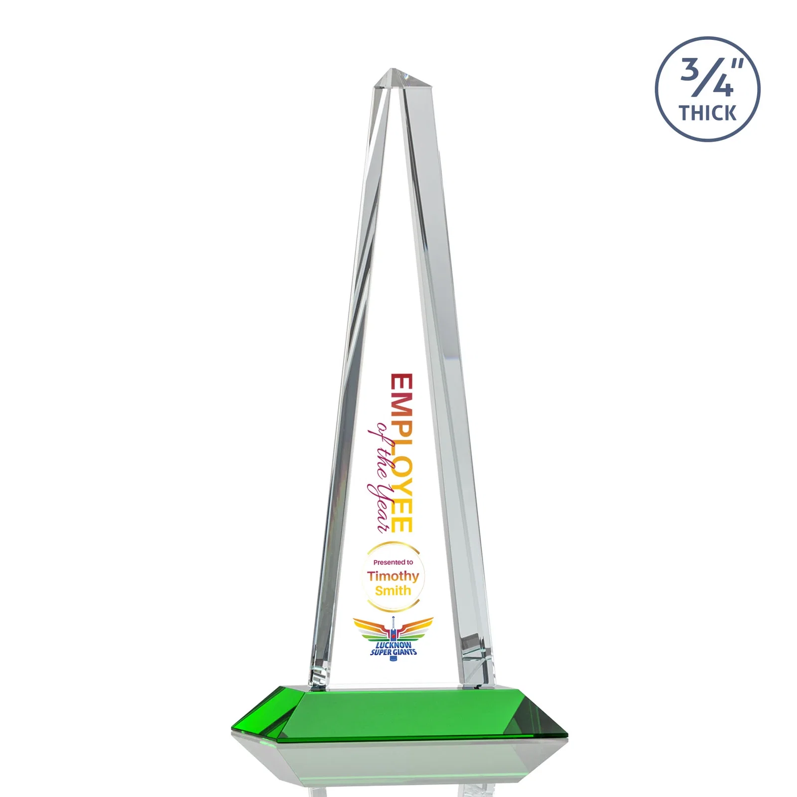 Custom printed Starfire Crystal Tower Award With a Matching Crystal Base for company anniversary events