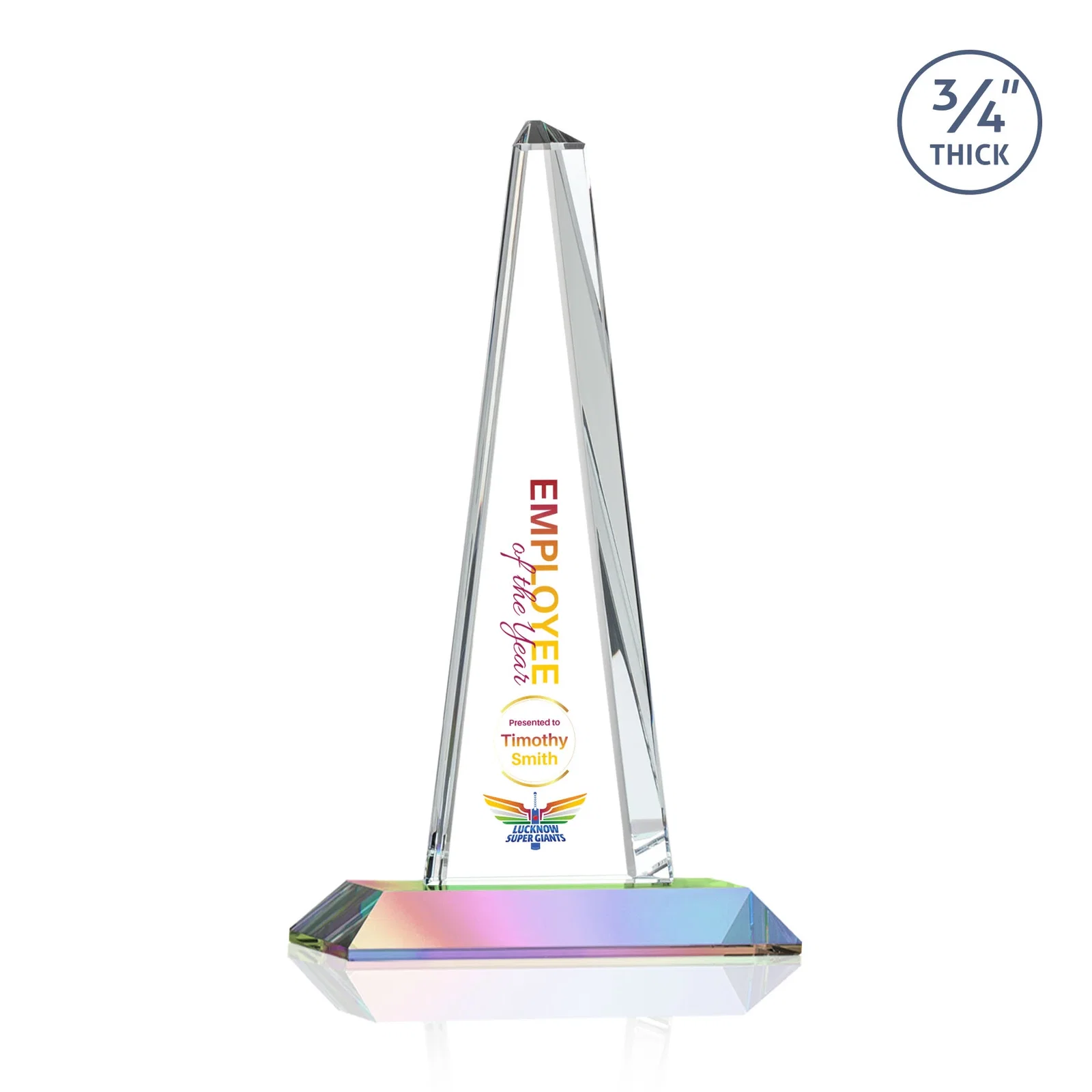 Custom engraved Starfire Crystal Tower Award With a Matching Crystal Base for corporate award ceremonies