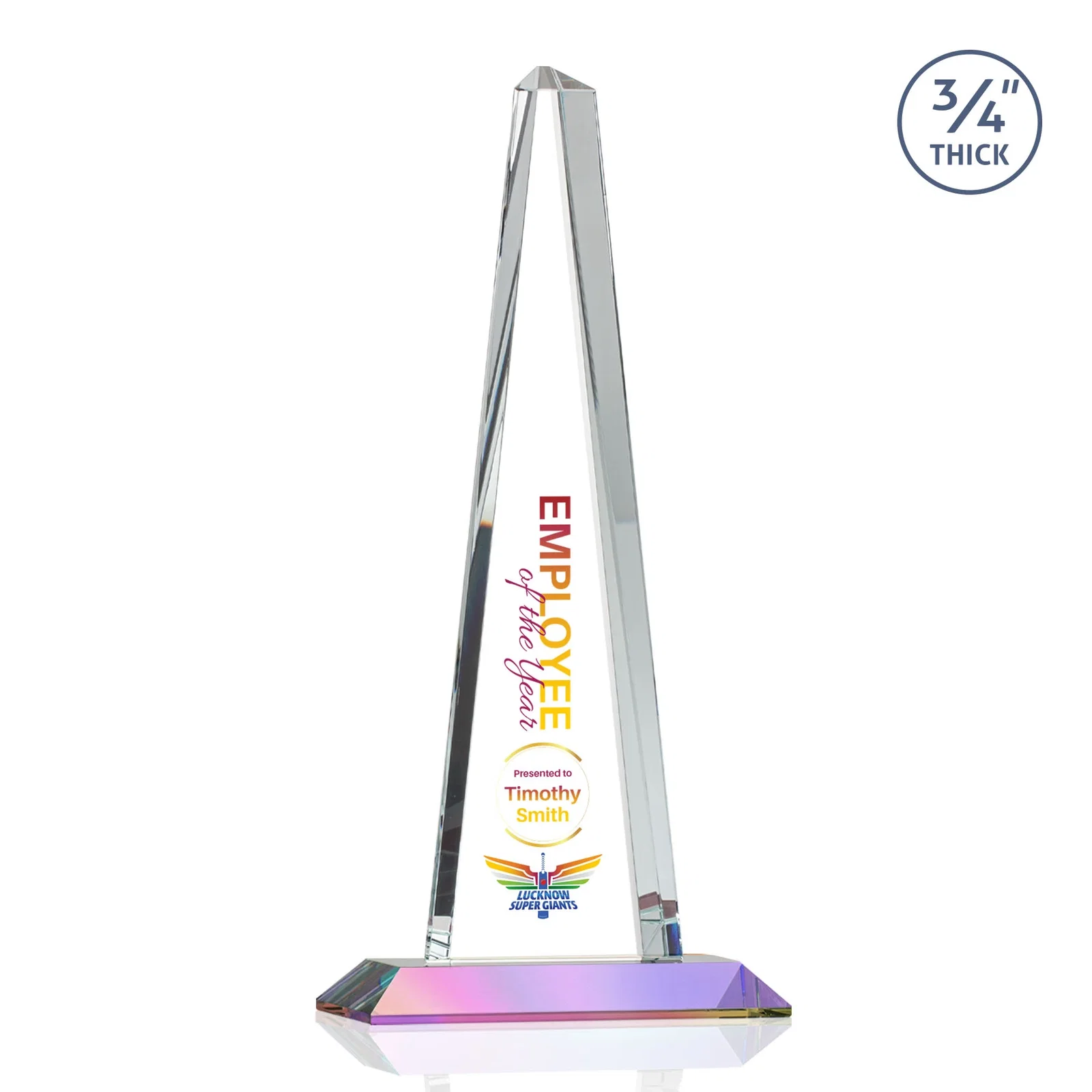 Custom engraved Starfire Crystal Tower Award With a Matching Crystal Base for sales achievement awards