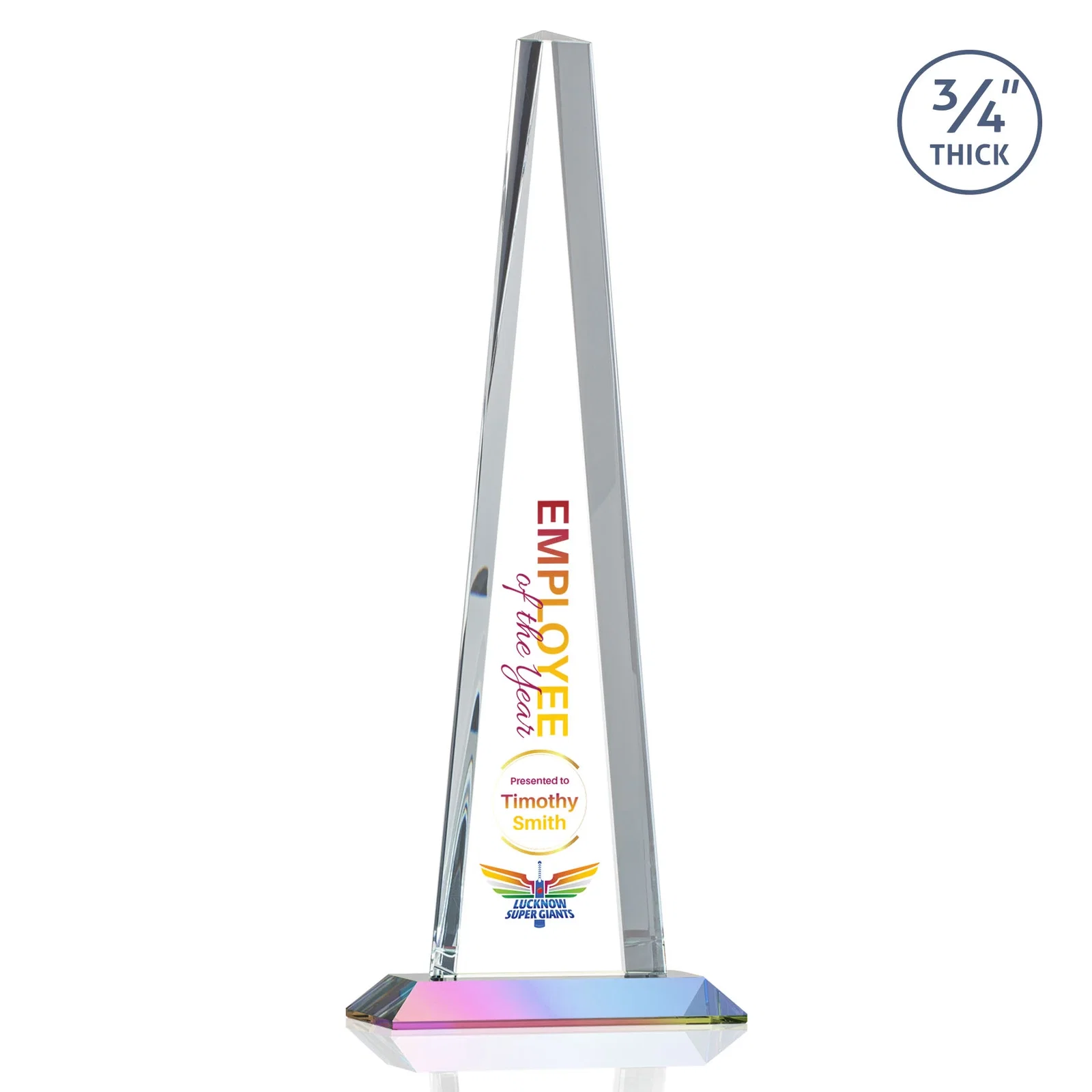 Custom engraved Starfire Crystal Tower Award With a Matching Crystal Base for retirement presentations