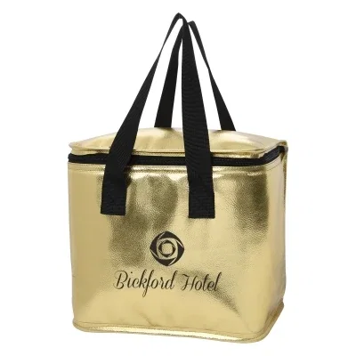 Metallic cooler bag standing about nine inches tall