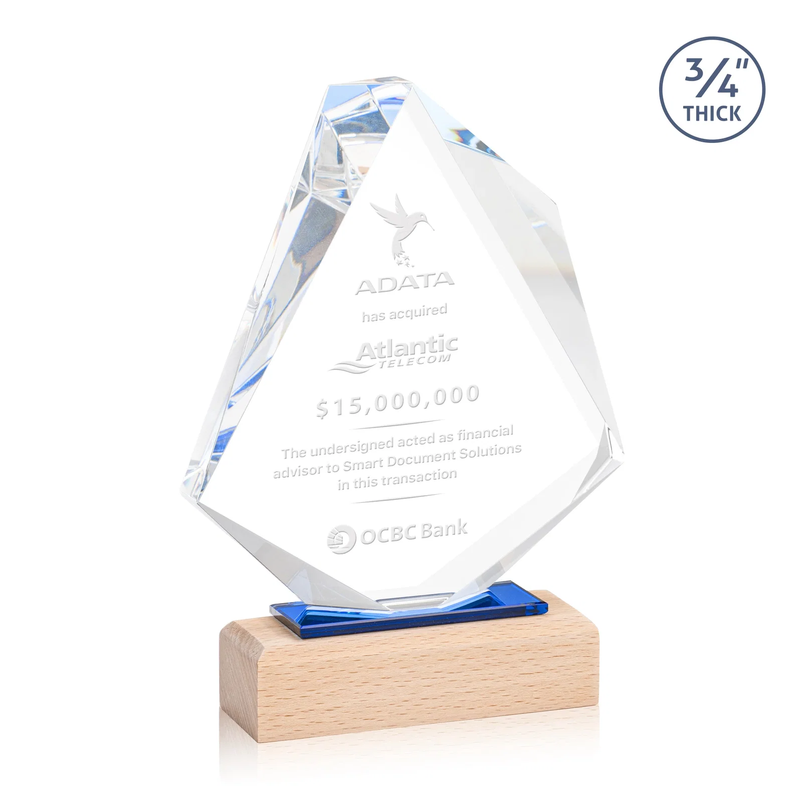 Custom Starfire Crystal Elongated Diamond Award on Beechwood Base for corporate award ceremonies