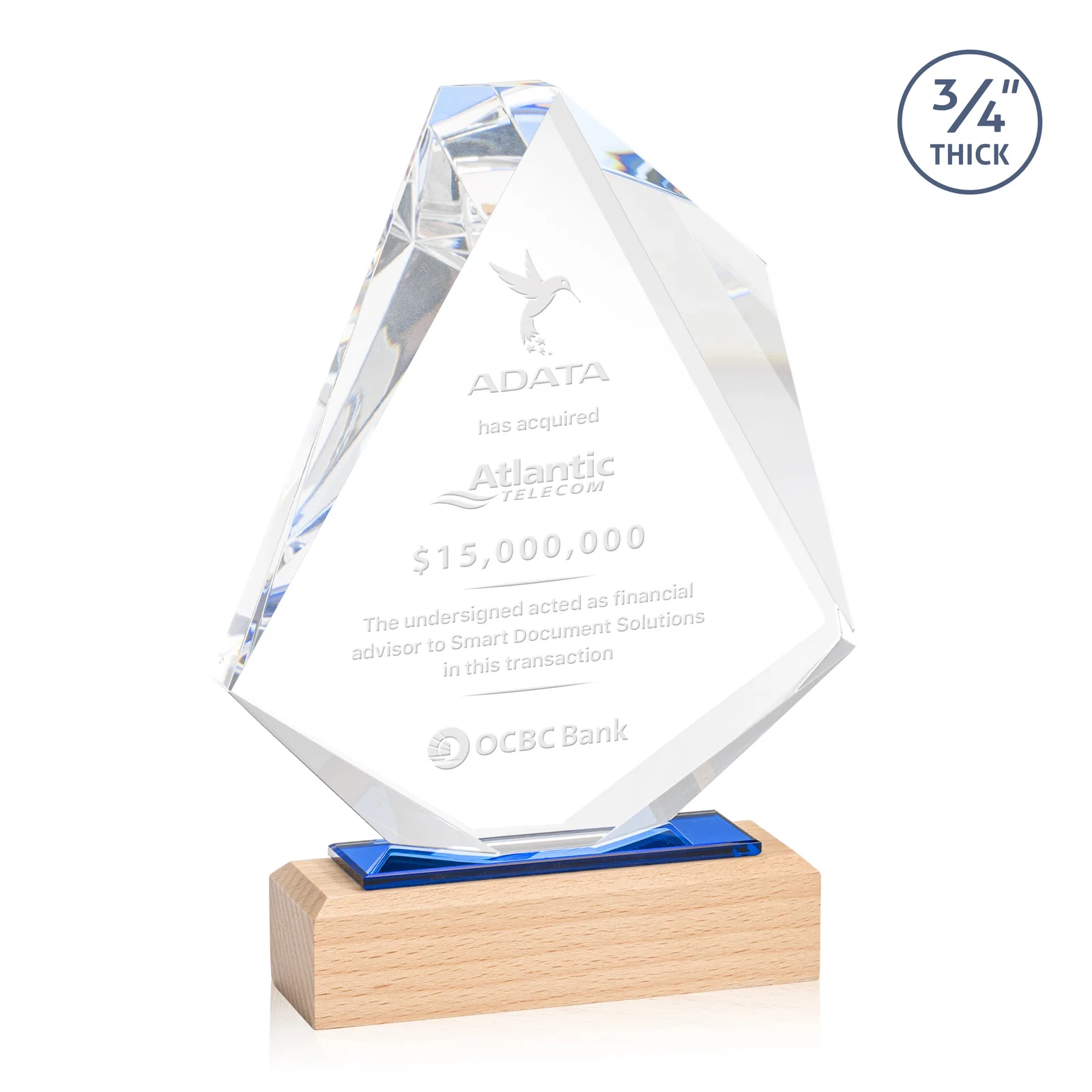 Custom Starfire Crystal Elongated Diamond Award on Beechwood Base for service anniversary gifts