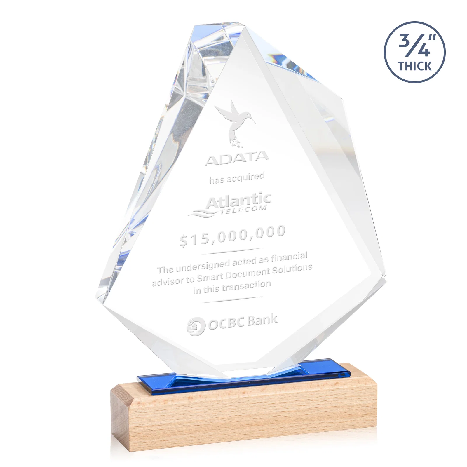 Custom Starfire Crystal Elongated Diamond Award on Beechwood Base for sales achievement awards