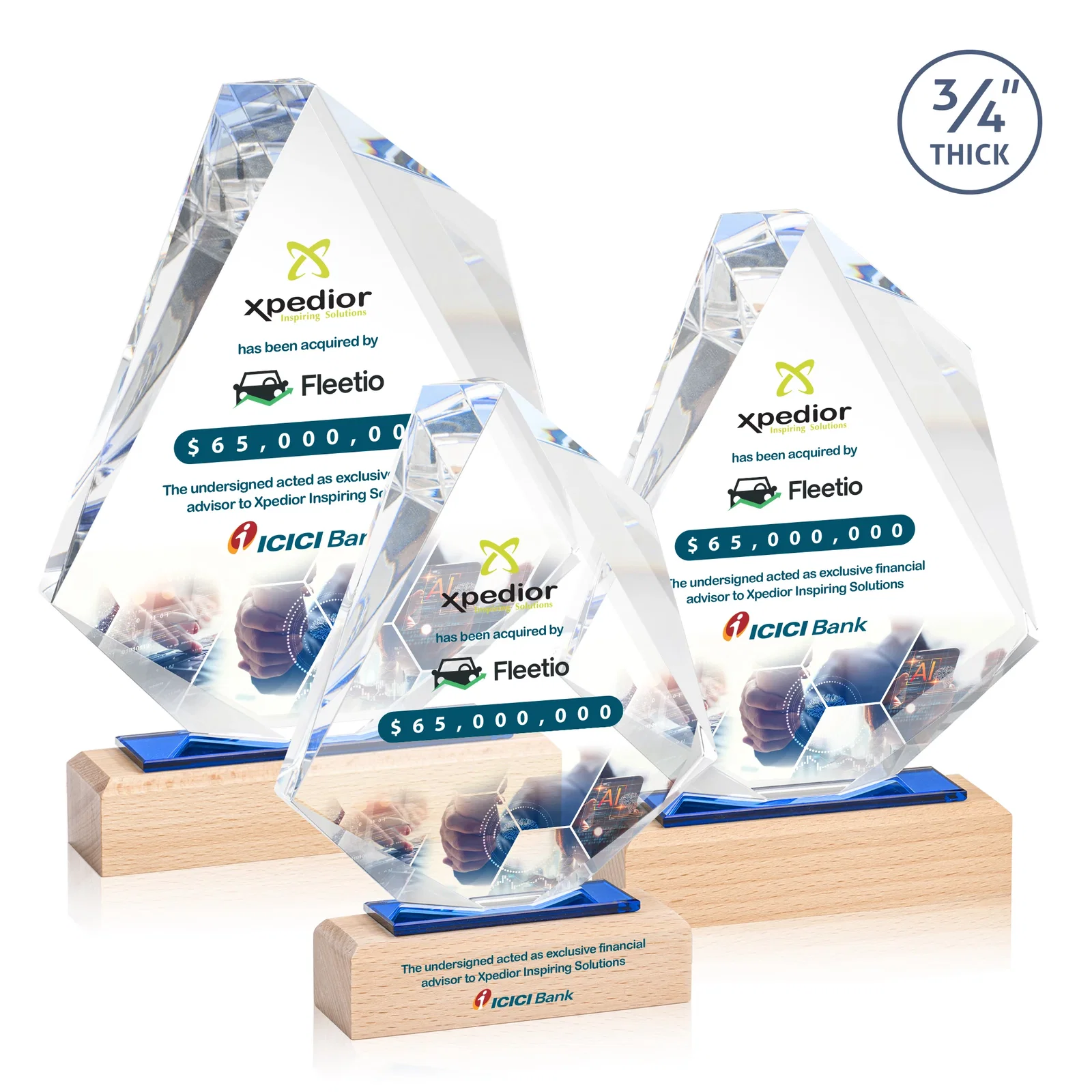 Custom Starfire Crystal Elongated Diamond Award on Beechwood Base for team milestone celebrations