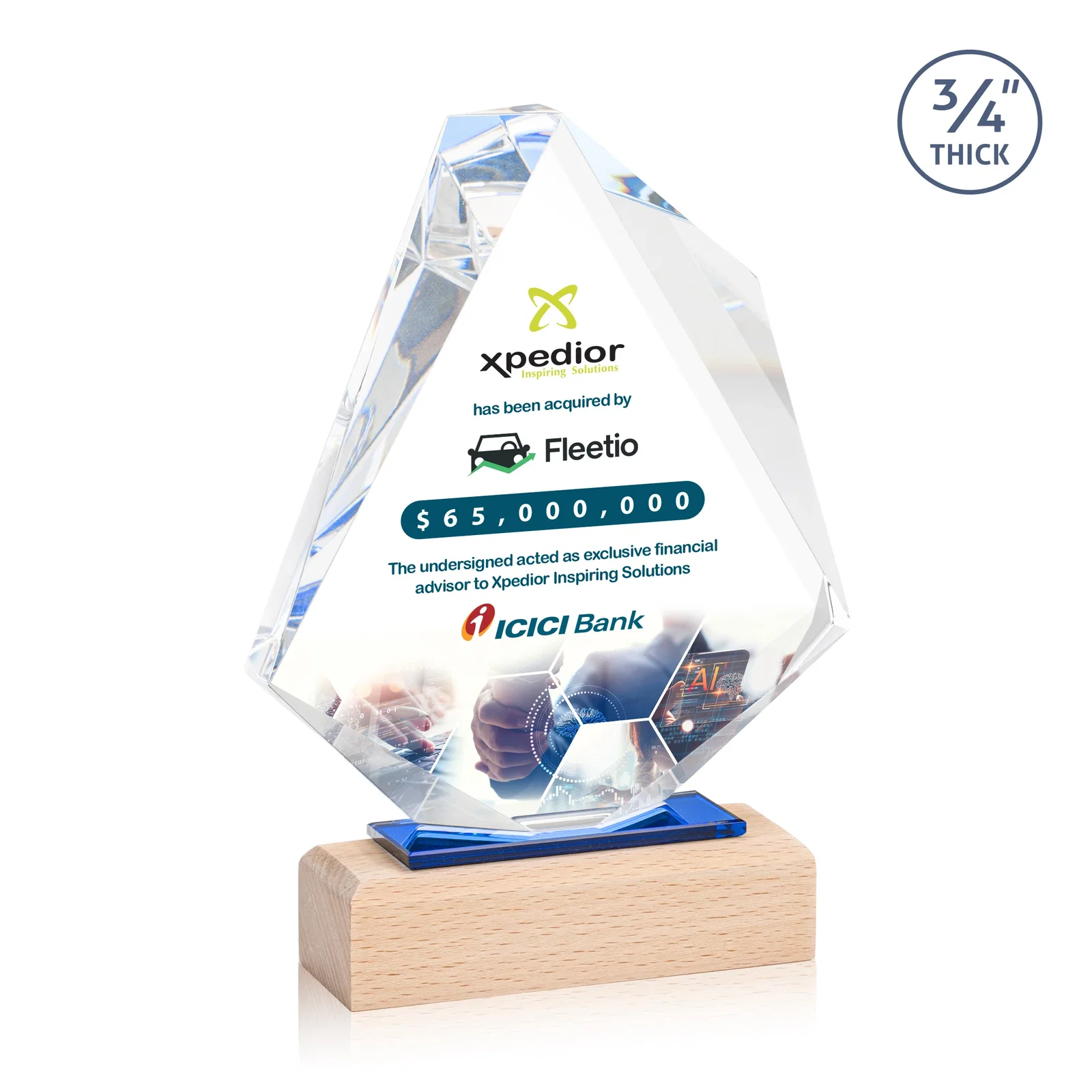 Custom Starfire Crystal Elongated Diamond Award on Beechwood Base for donor appreciation