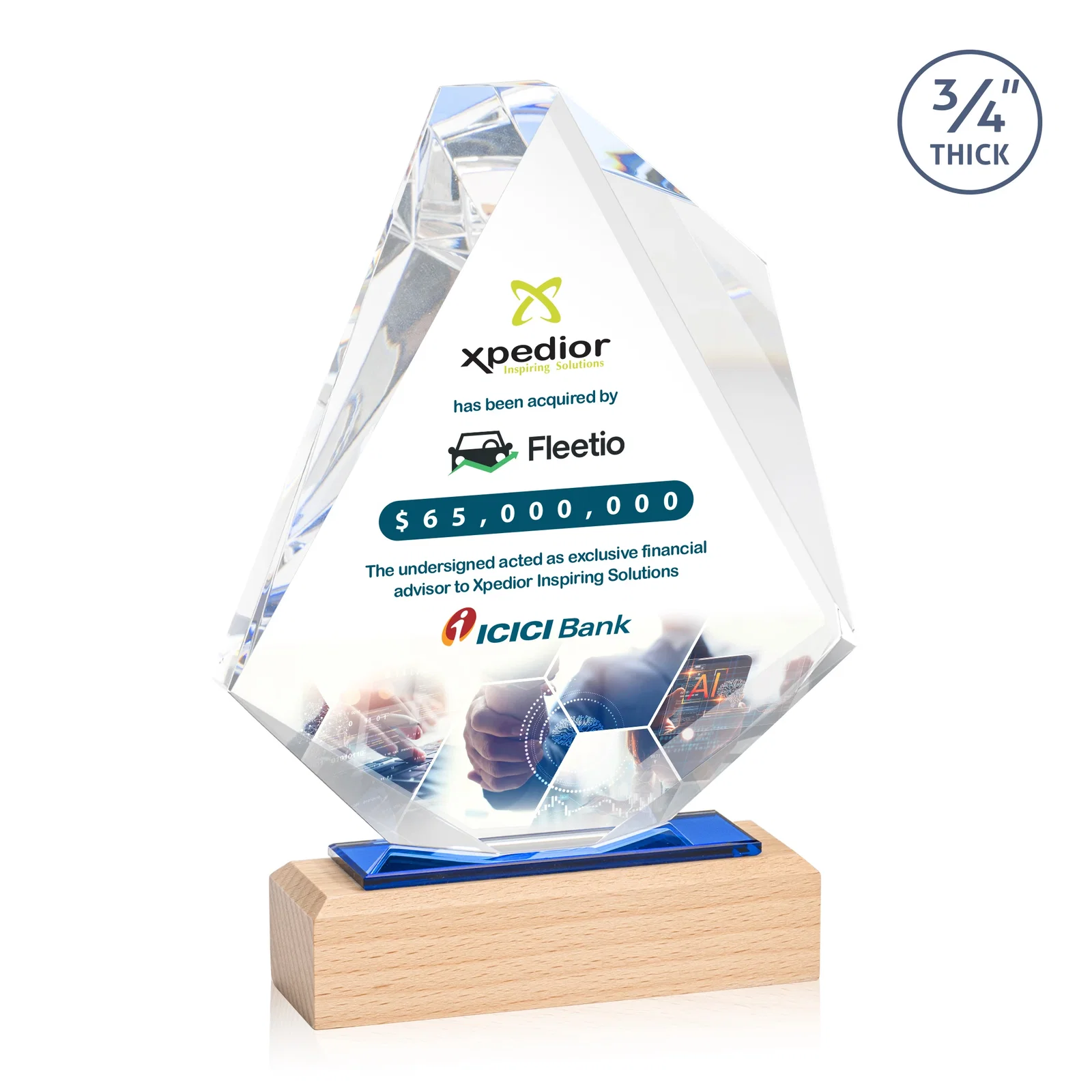 Custom Starfire Crystal Elongated Diamond Award on Beechwood Base for graduation ceremonies