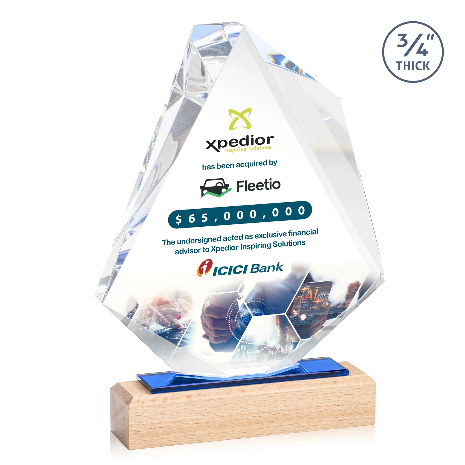 Custom Starfire Crystal Elongated Diamond Award on Beechwood Base for safety achievement programs
