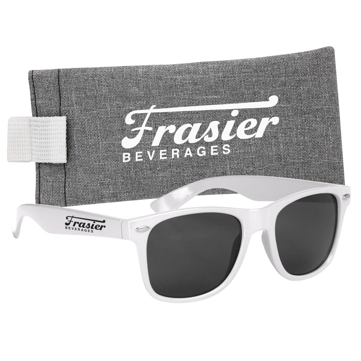Malibu sunglasses resting beside the matching heathered pouch