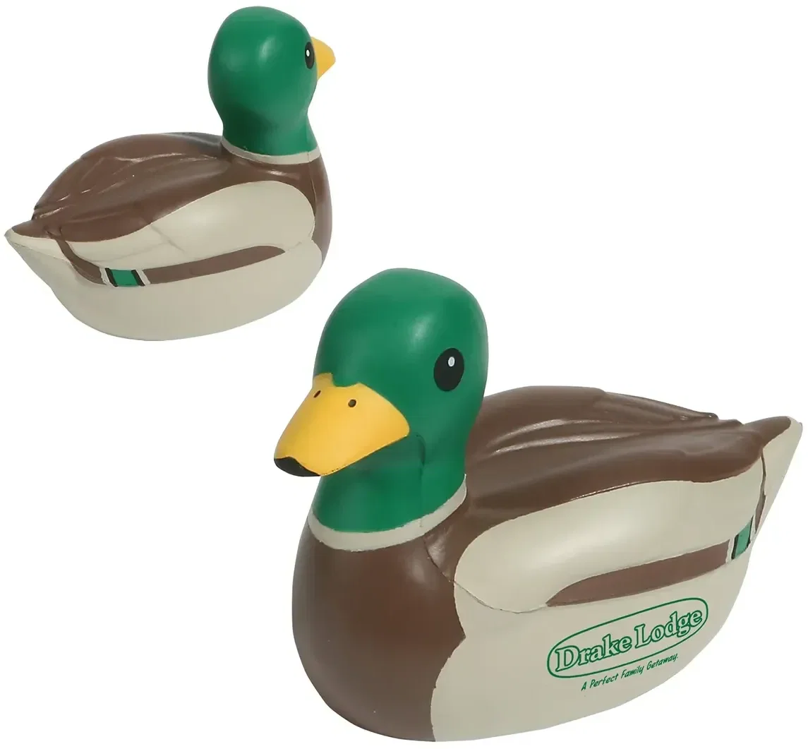 Mallard duck stress reliever with custom logo, branded duck-shaped promotional squeeze toy for fairs
