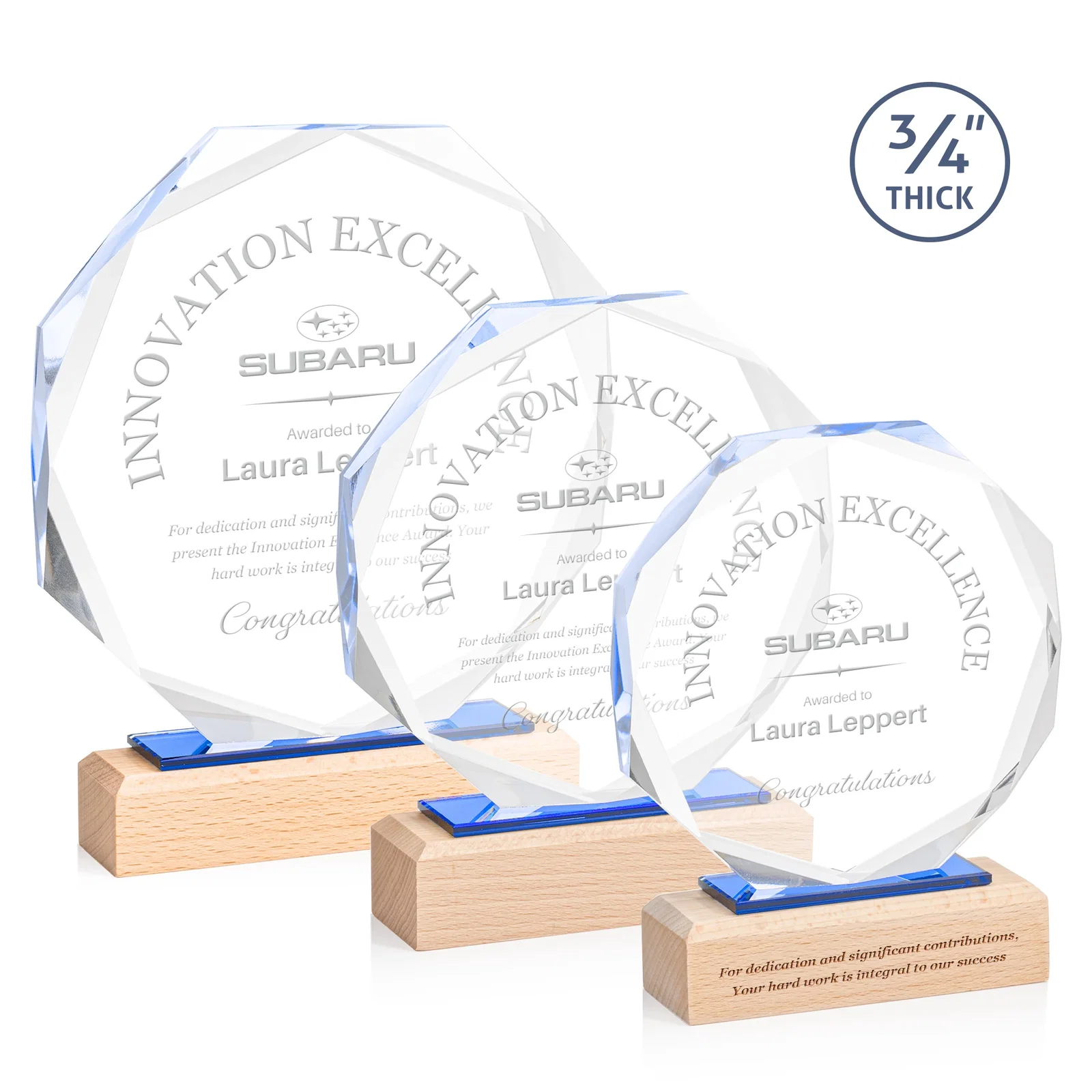 Custom Recessed Bevel Starfire Crystal Octagon Award on Beechwood Base for employee recognition