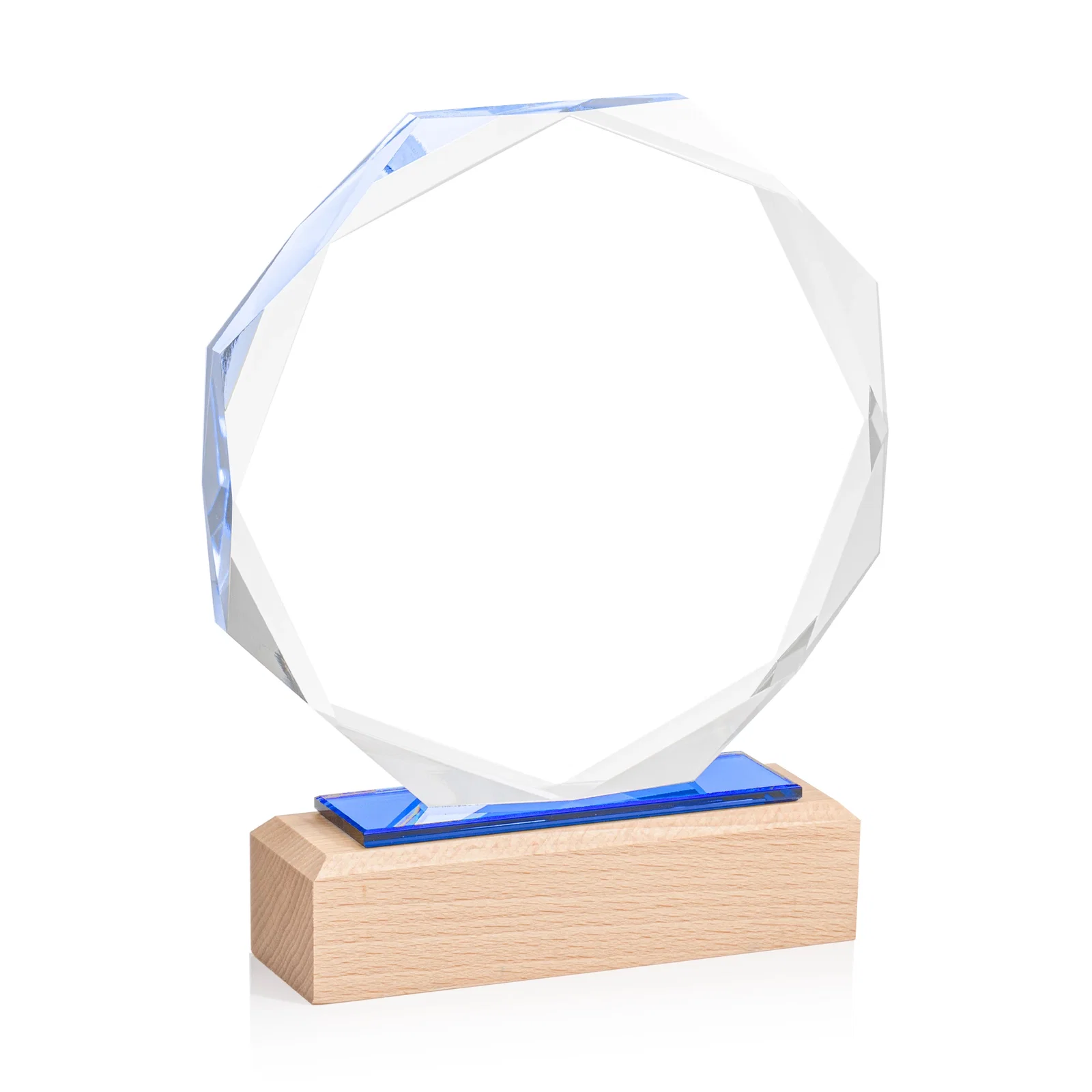 Custom Recessed Bevel Starfire Crystal Octagon Award on Beechwood Base for volunteer appreciation