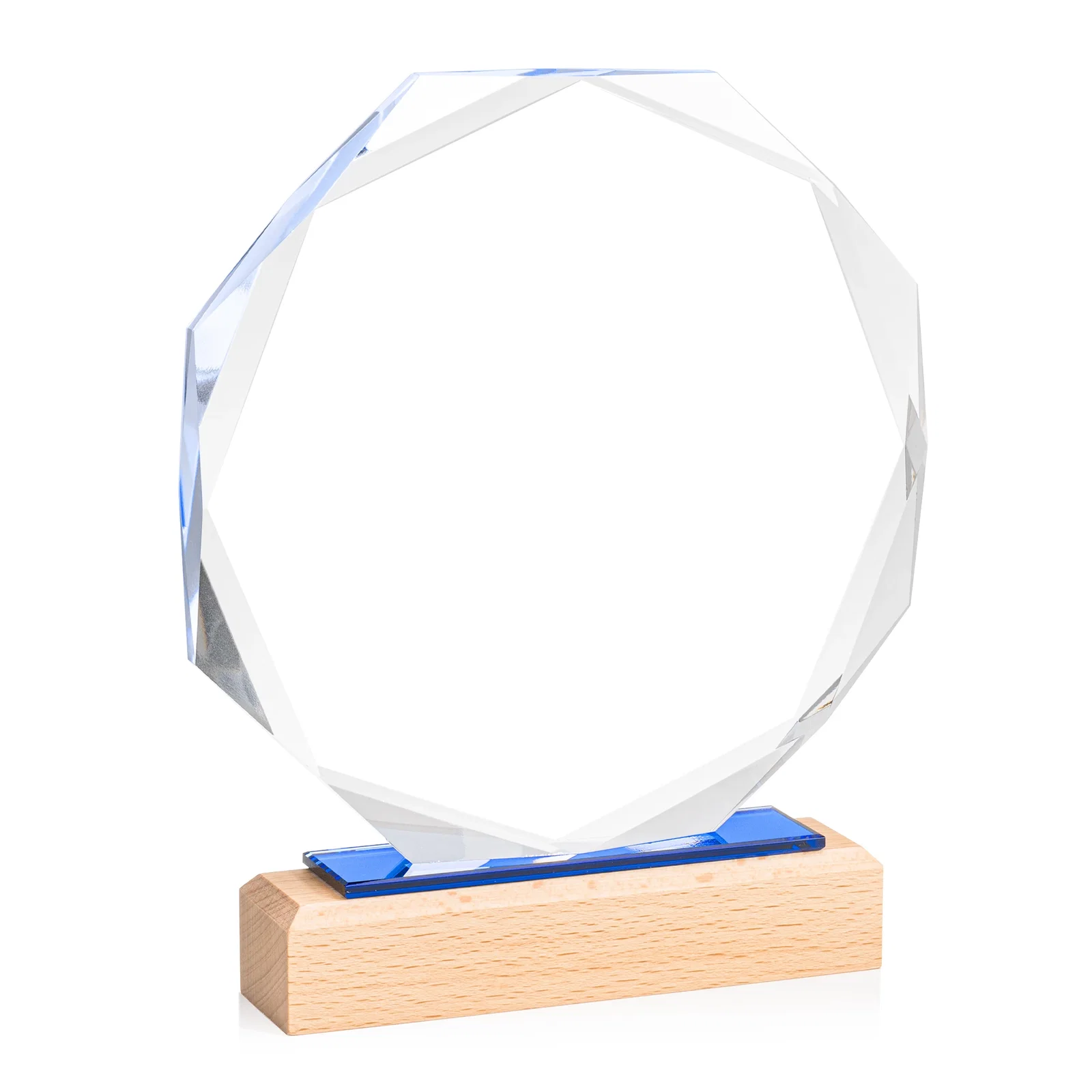 Custom Recessed Bevel Starfire Crystal Octagon Award on Beechwood Base for dealer and partner awards