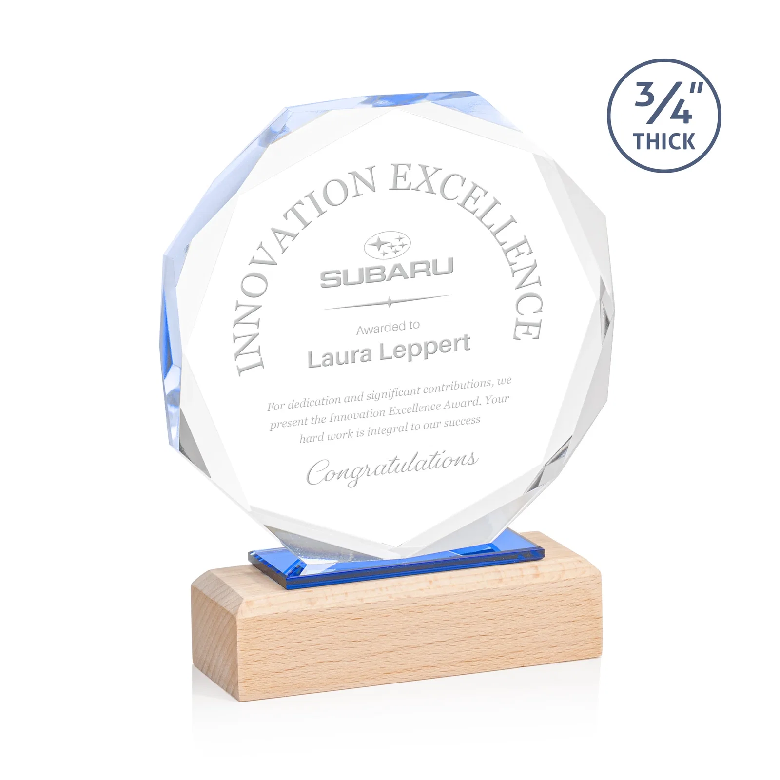 Custom Recessed Bevel Starfire Crystal Octagon Award on Beechwood Base for corporate award ceremonies