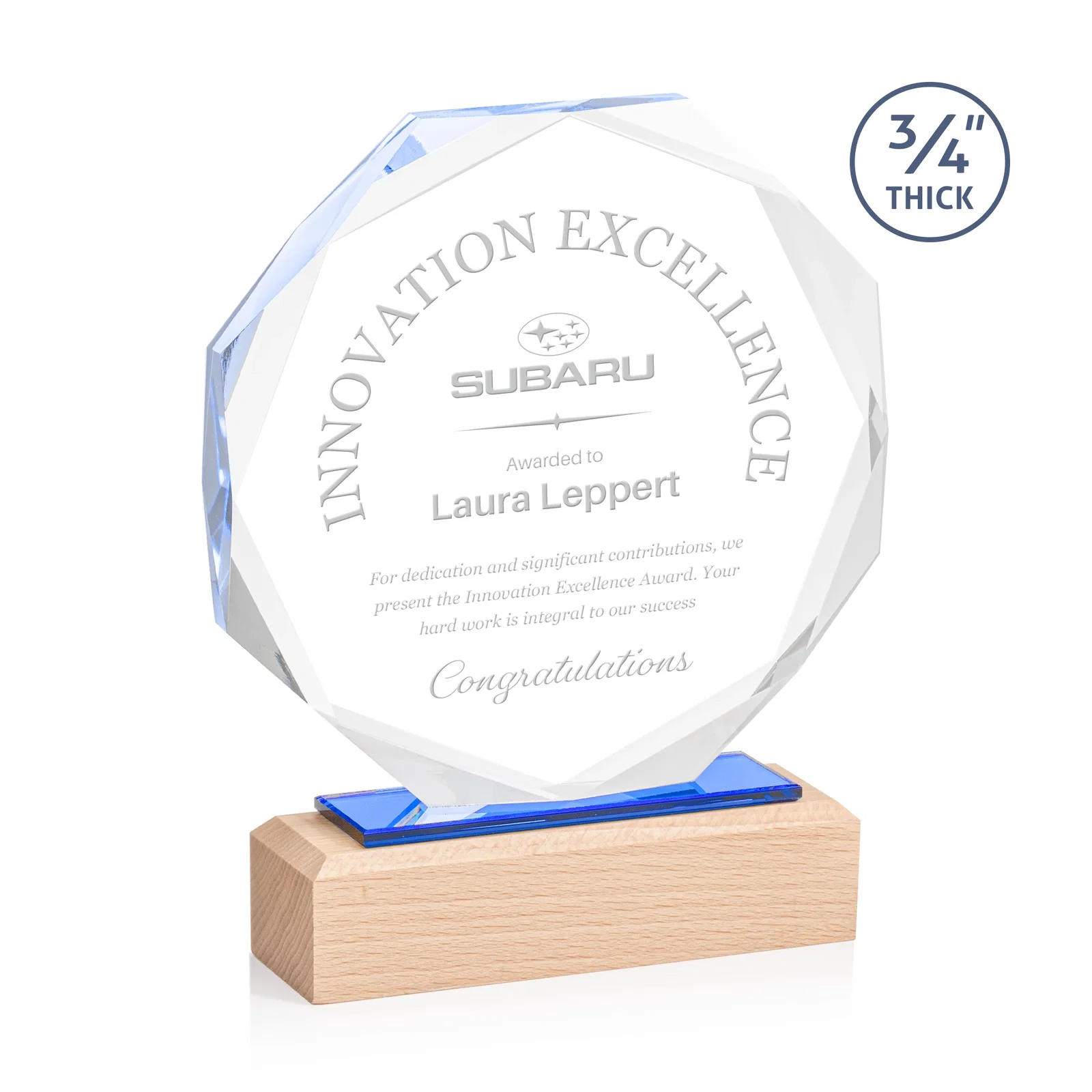 Custom Recessed Bevel Starfire Crystal Octagon Award on Beechwood Base for service anniversary gifts