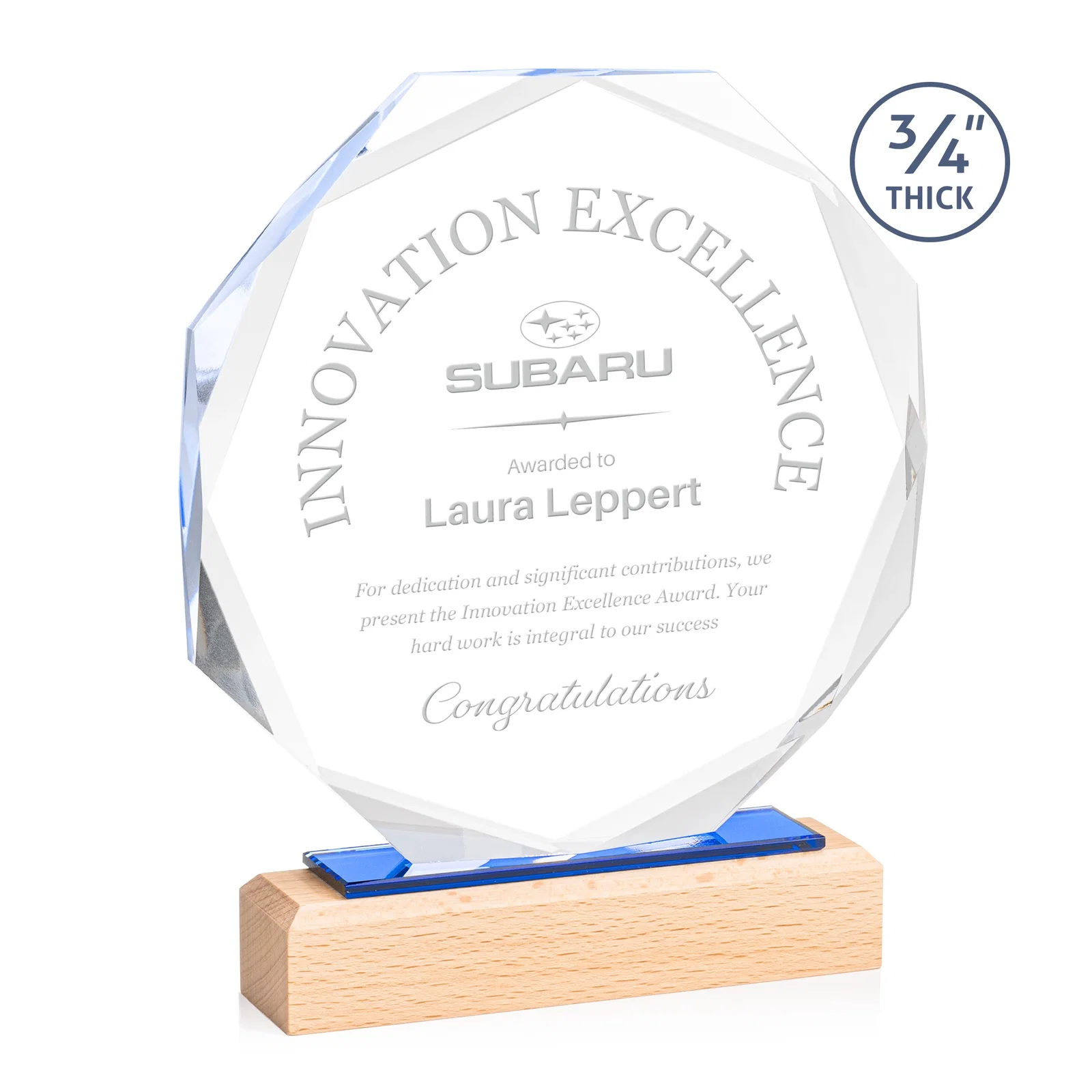 Custom Recessed Bevel Starfire Crystal Octagon Award on Beechwood Base for sales achievement awards