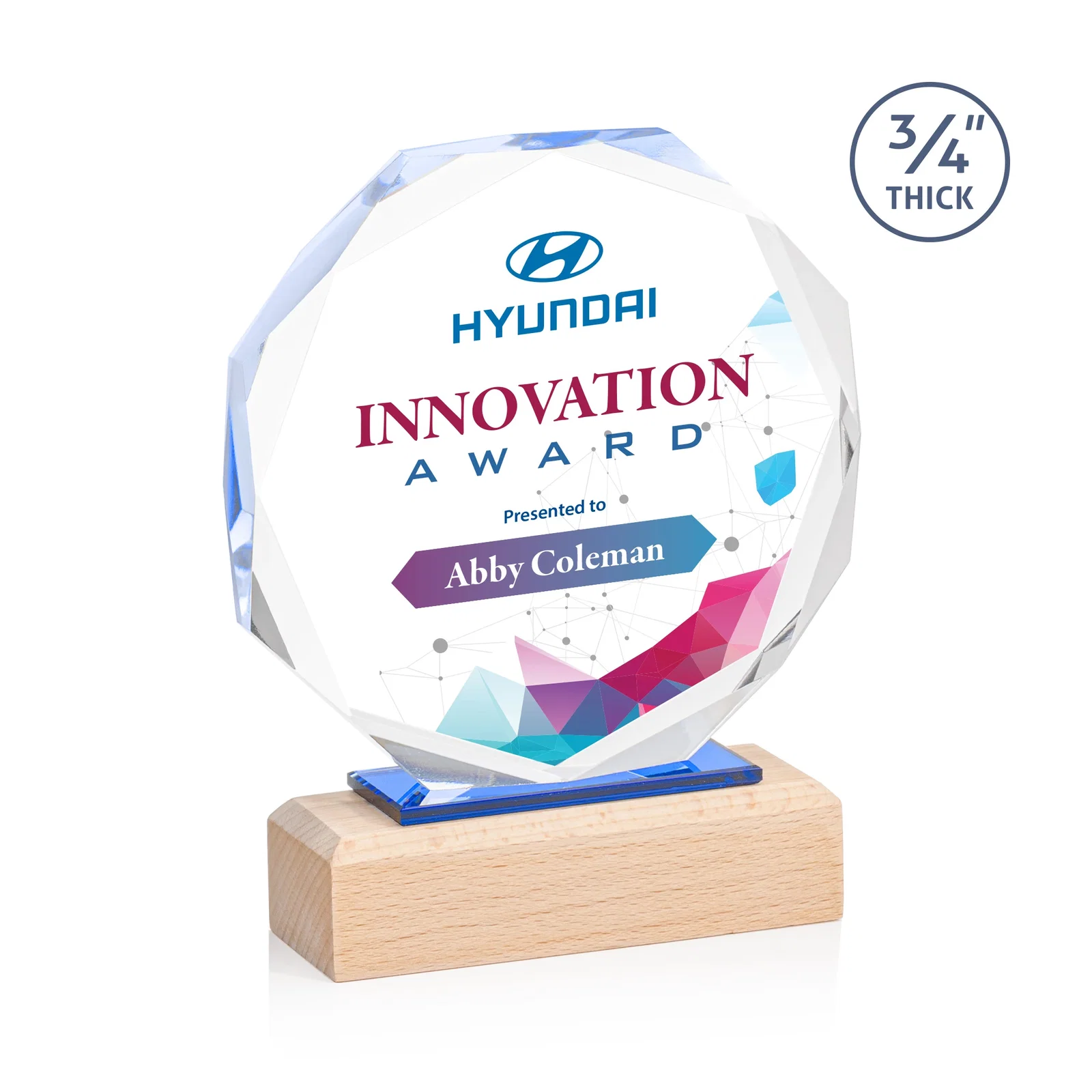 Custom Recessed Bevel Starfire Crystal Octagon Award on Beechwood Base for team milestone celebrations