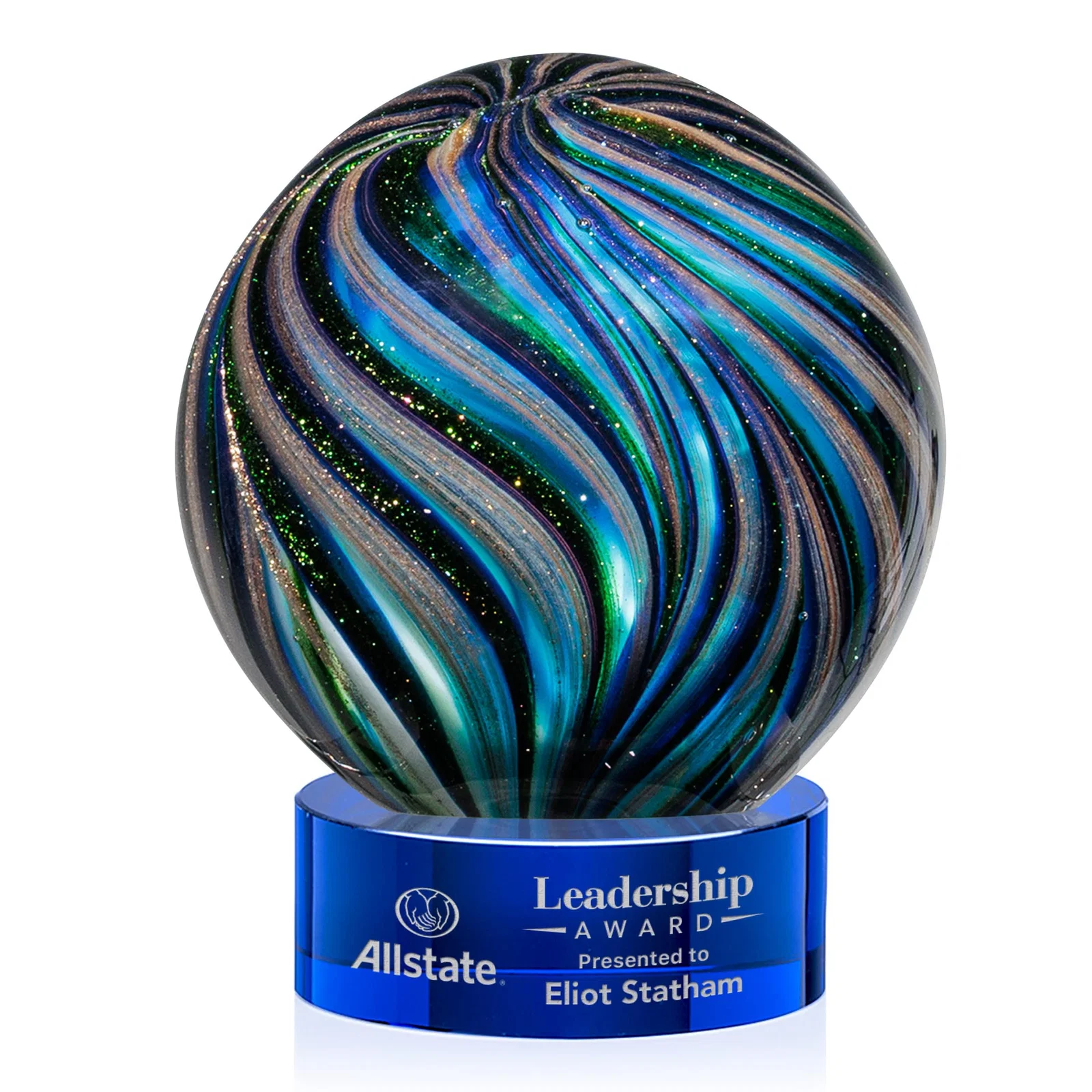 Custom Glass Sphere Award With Gold, Ebony, Sapphire, and Emerald Swirls for volunteer appreciation