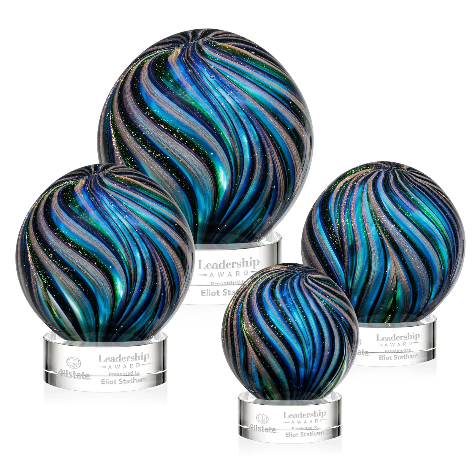 Custom Glass Sphere Award With Gold, Ebony, Sapphire, and Emerald Swirls for dealer and partner awards