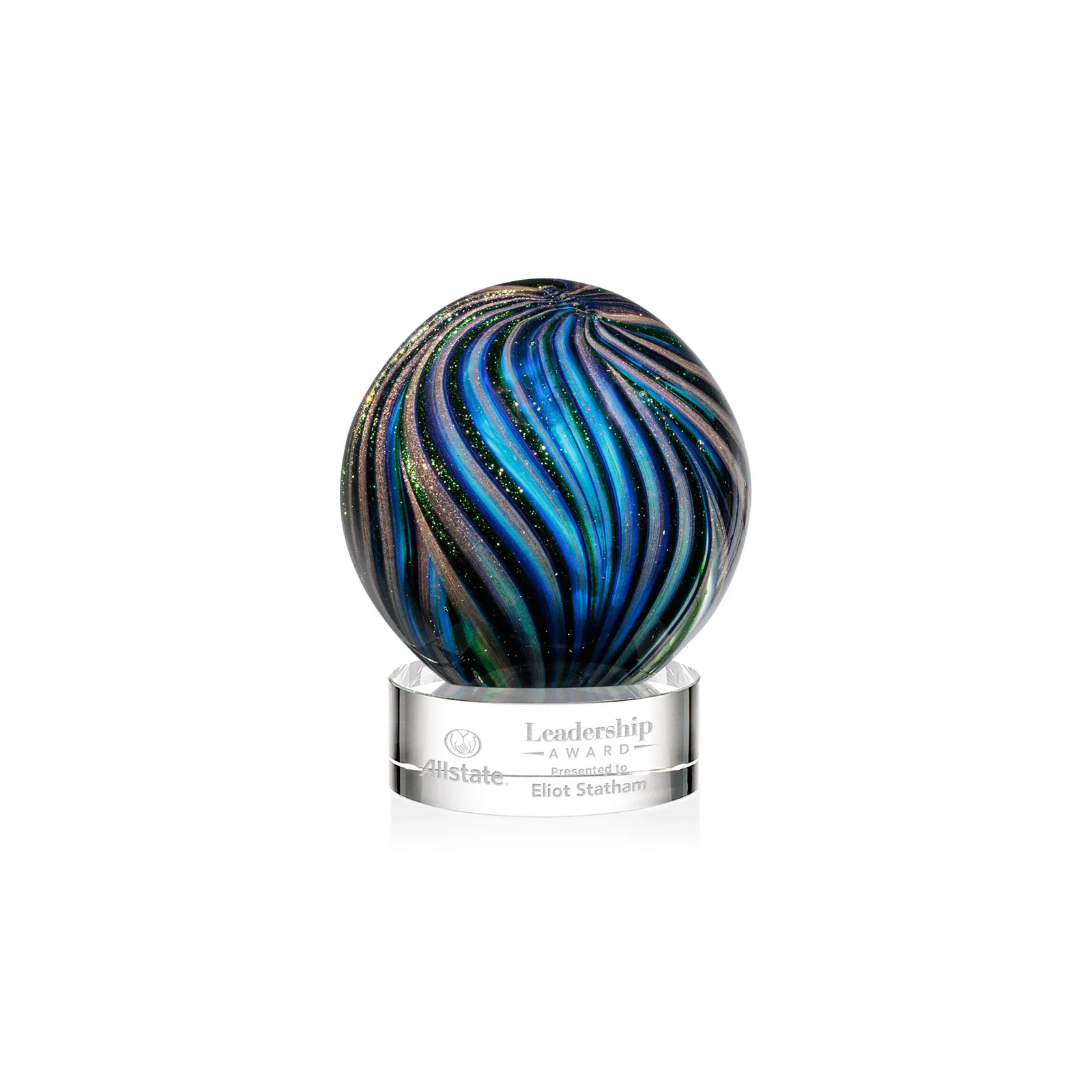 Custom Glass Sphere Award With Gold, Ebony, Sapphire, and Emerald Swirls for company anniversary events