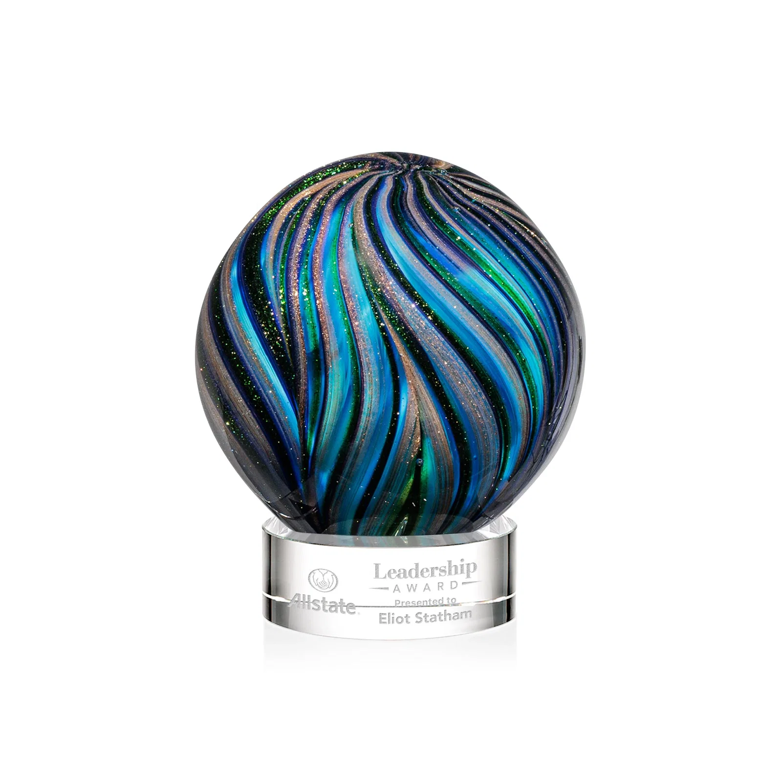 Personalized Glass Sphere Award With Gold, Ebony, Sapphire, and Emerald Swirls for employee recognition