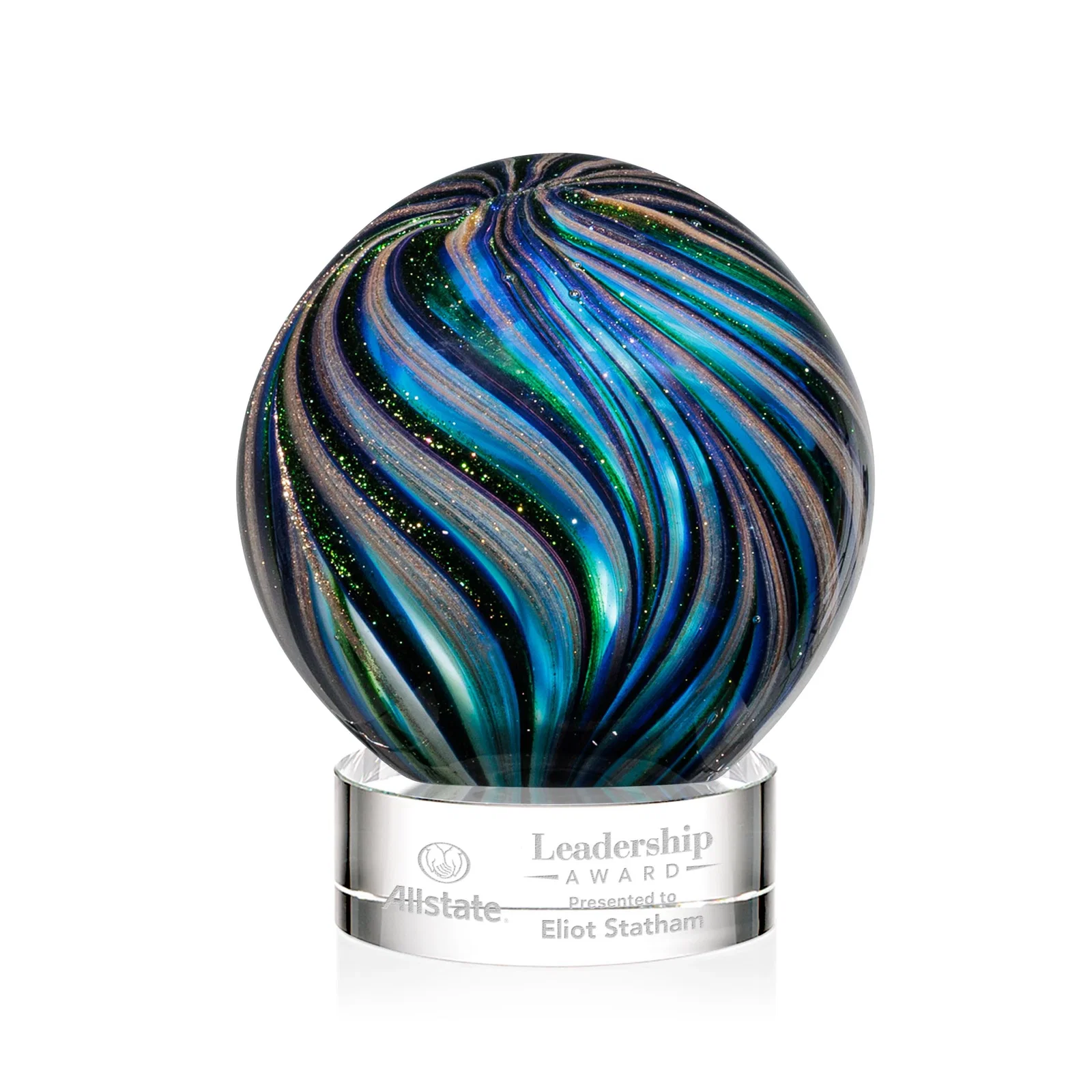 Personalized Glass Sphere Award With Gold, Ebony, Sapphire, and Emerald Swirls for corporate award ceremonies