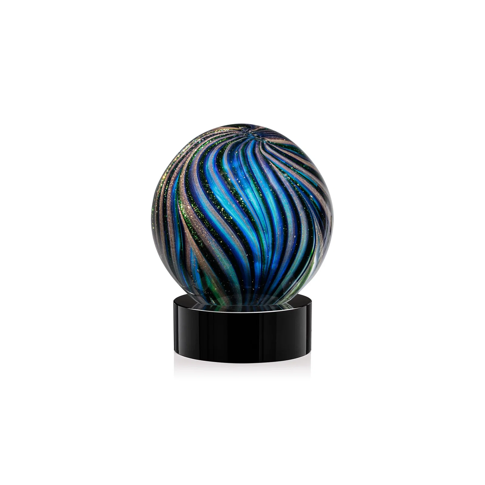 Personalized Glass Sphere Award With Gold, Ebony, Sapphire, and Emerald Swirls for sales achievement awards