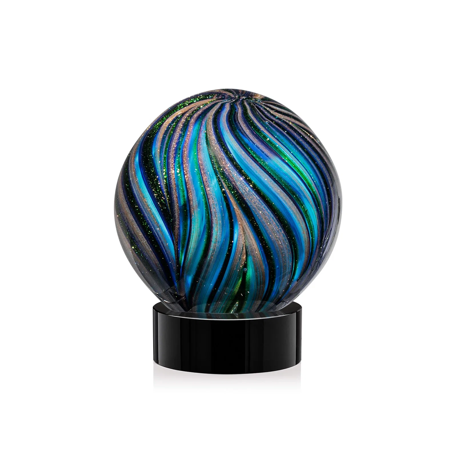 Personalized Glass Sphere Award With Gold, Ebony, Sapphire, and Emerald Swirls for retirement presentations