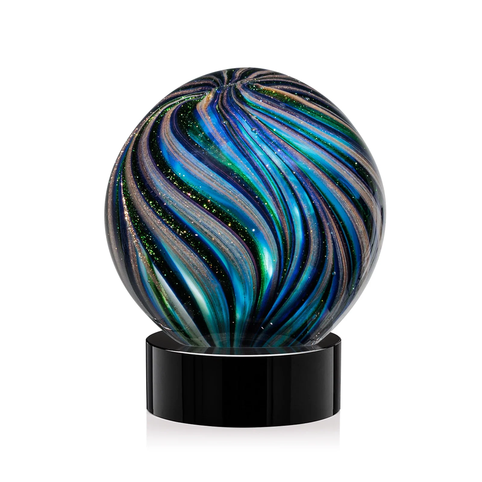 Personalized Glass Sphere Award With Gold, Ebony, Sapphire, and Emerald Swirls for team milestone celebrations