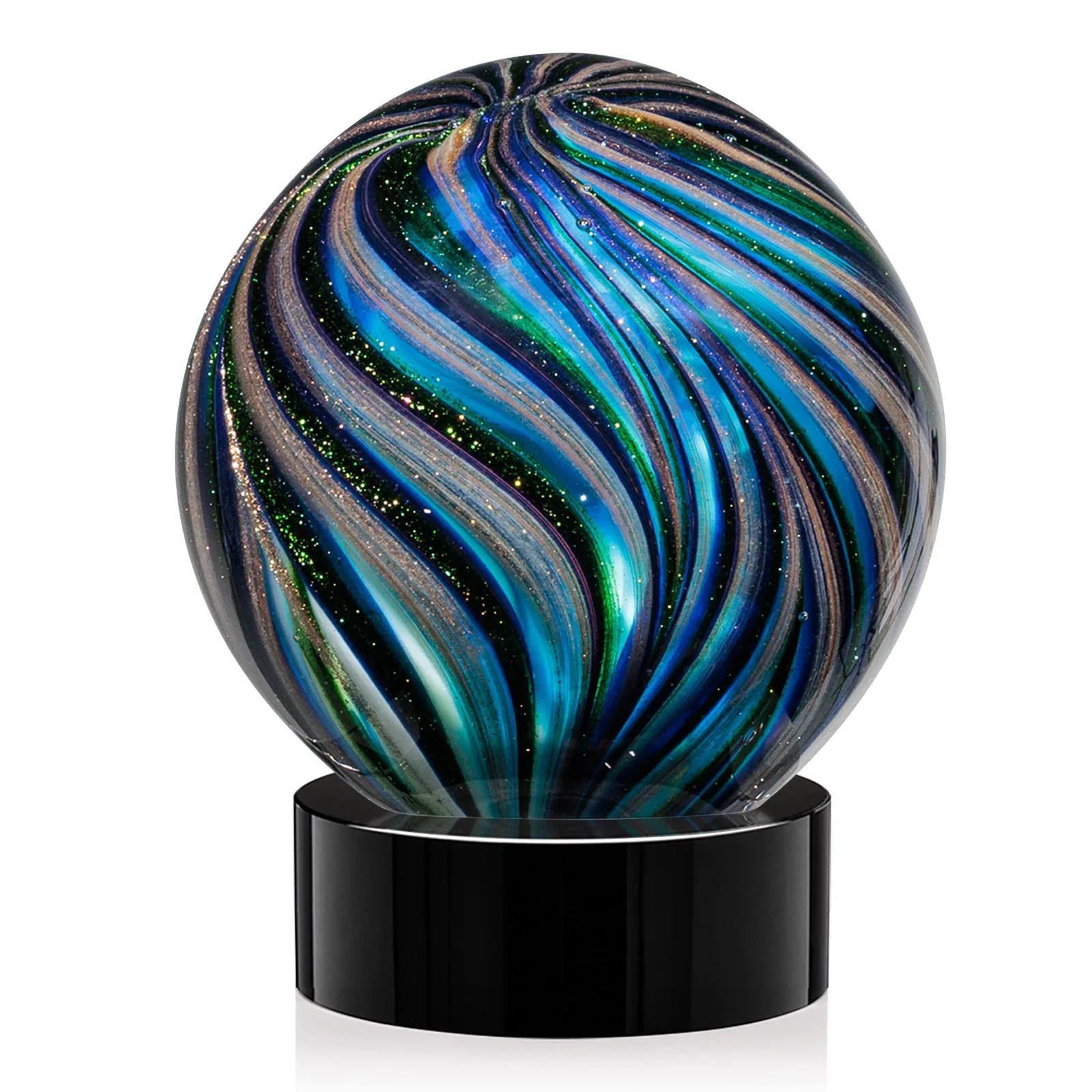 Personalized Glass Sphere Award With Gold, Ebony, Sapphire, and Emerald Swirls for donor appreciation