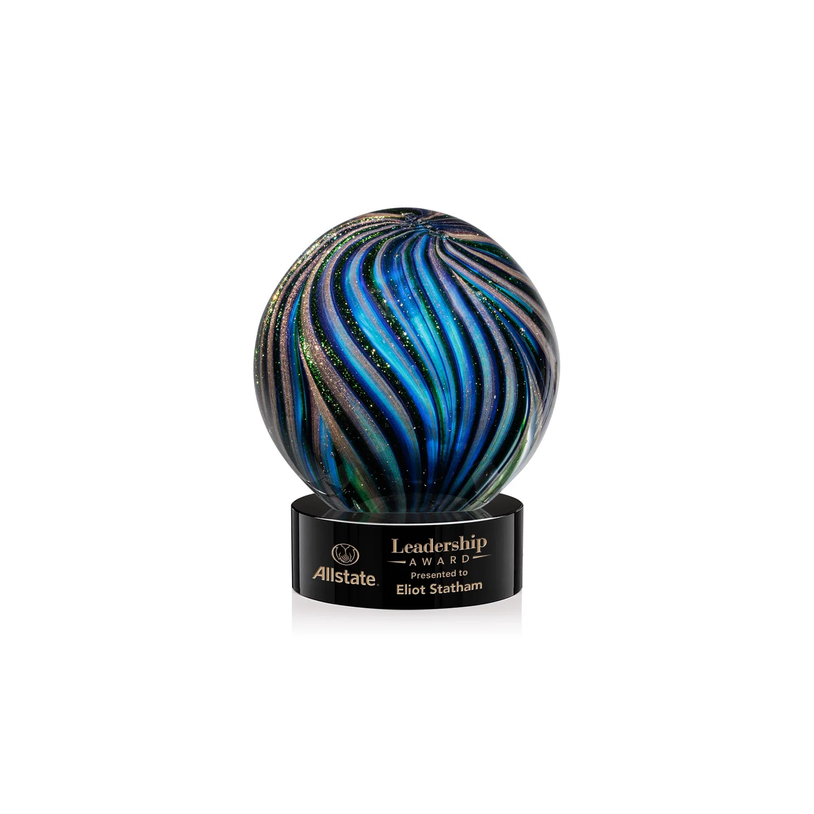 Custom Glass Sphere Award With Gold, Ebony, Sapphire, and Emerald Swirls for corporate award ceremonies