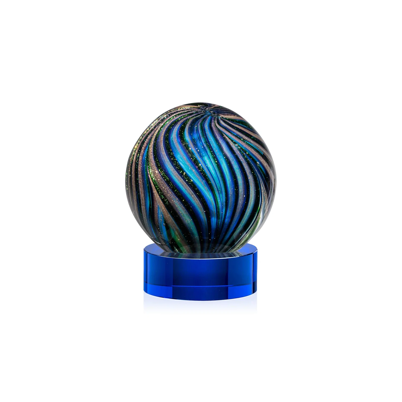 Personalized Glass Sphere Award With Gold, Ebony, Sapphire, and Emerald Swirls for graduation ceremonies