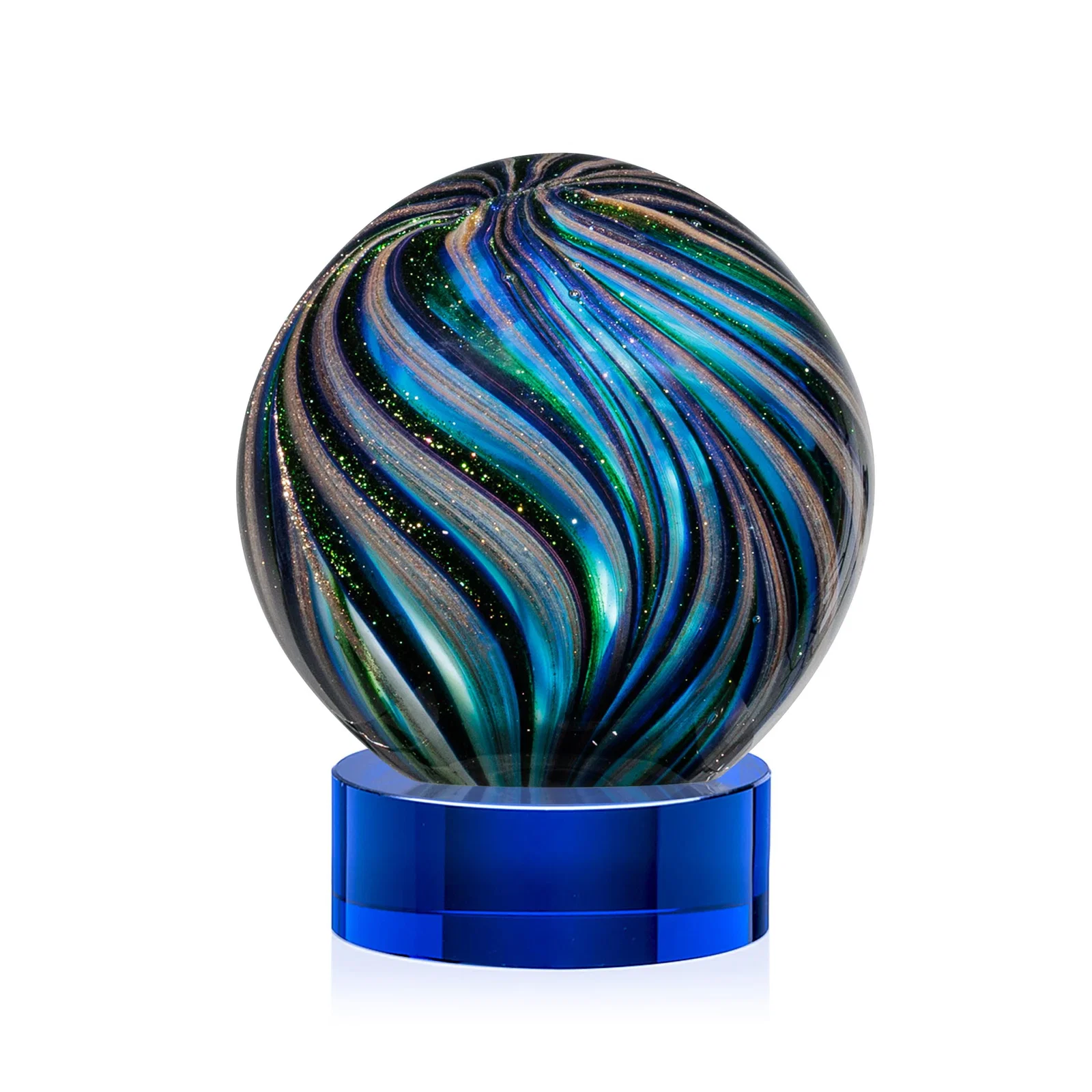 Personalized Glass Sphere Award With Gold, Ebony, Sapphire, and Emerald Swirls for volunteer appreciation