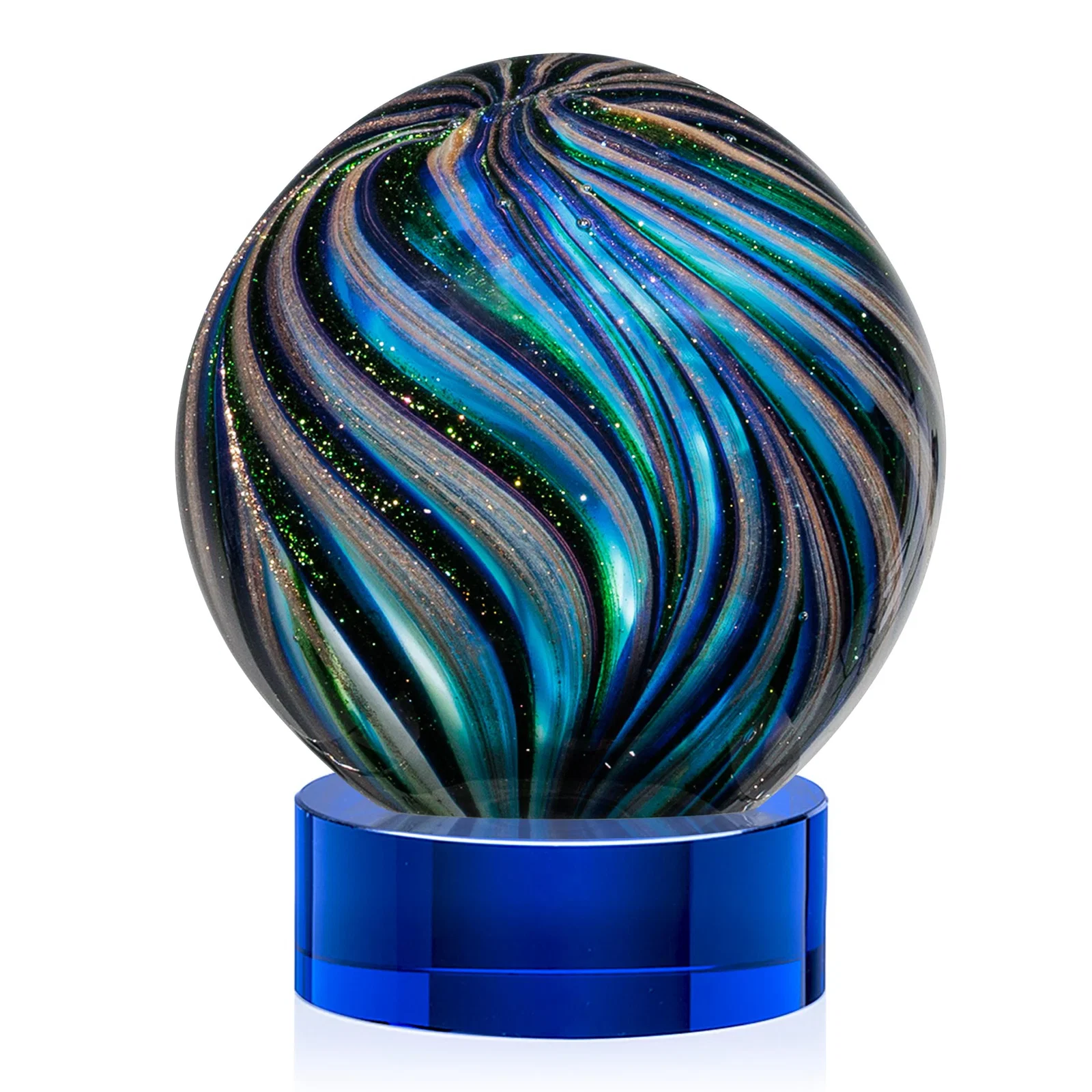 Personalized Glass Sphere Award With Gold, Ebony, Sapphire, and Emerald Swirls for dealer and partner awards