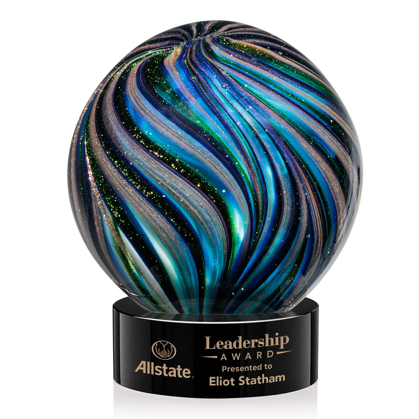 Custom Glass Sphere Award With Gold, Ebony, Sapphire, and Emerald Swirls for retirement presentations