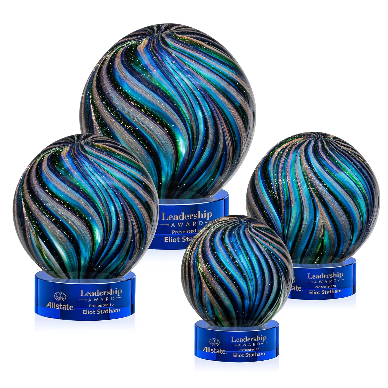 Custom Glass Sphere Award With Gold, Ebony, Sapphire, and Emerald Swirls for team milestone celebrations