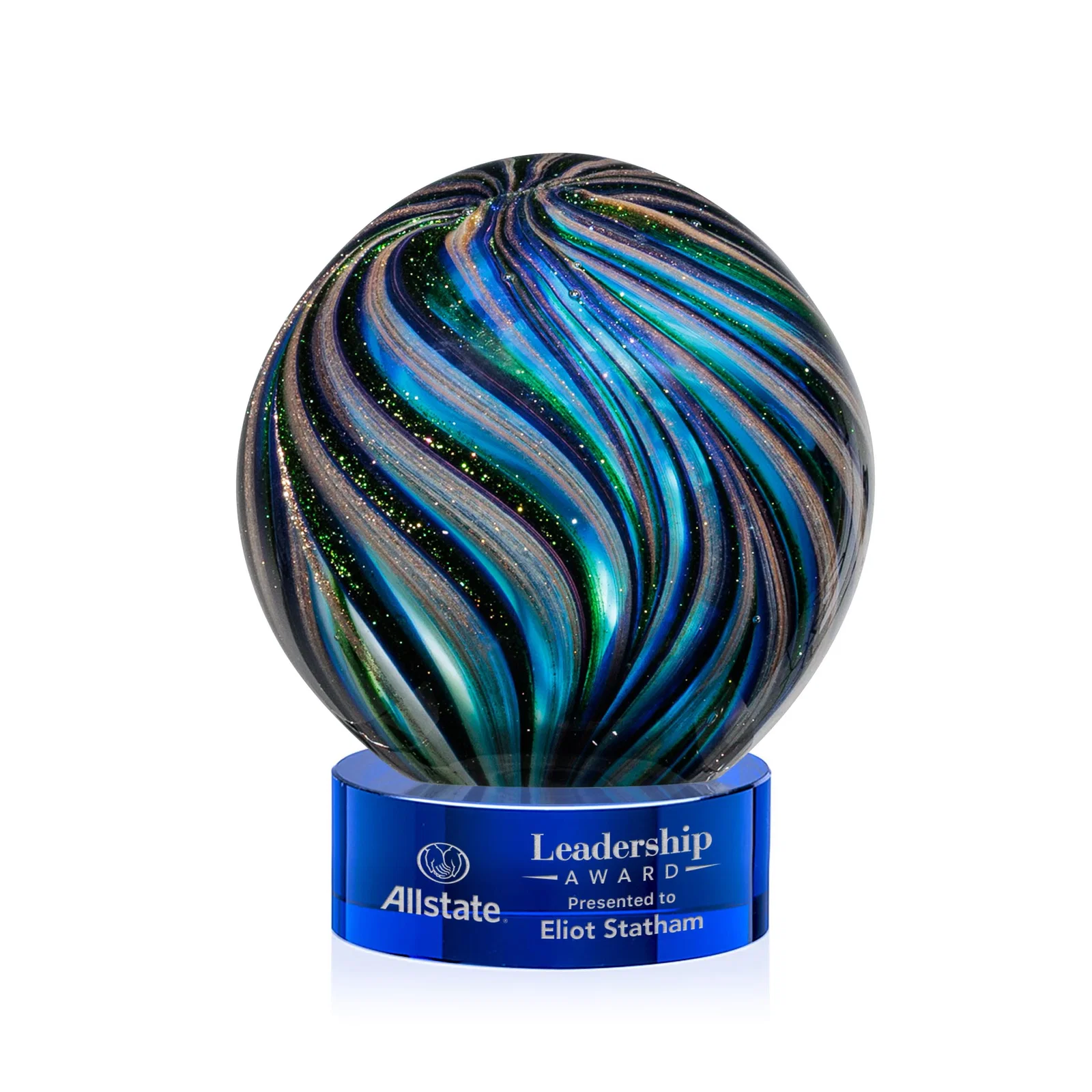 Custom Glass Sphere Award With Gold, Ebony, Sapphire, and Emerald Swirls for safety achievement programs