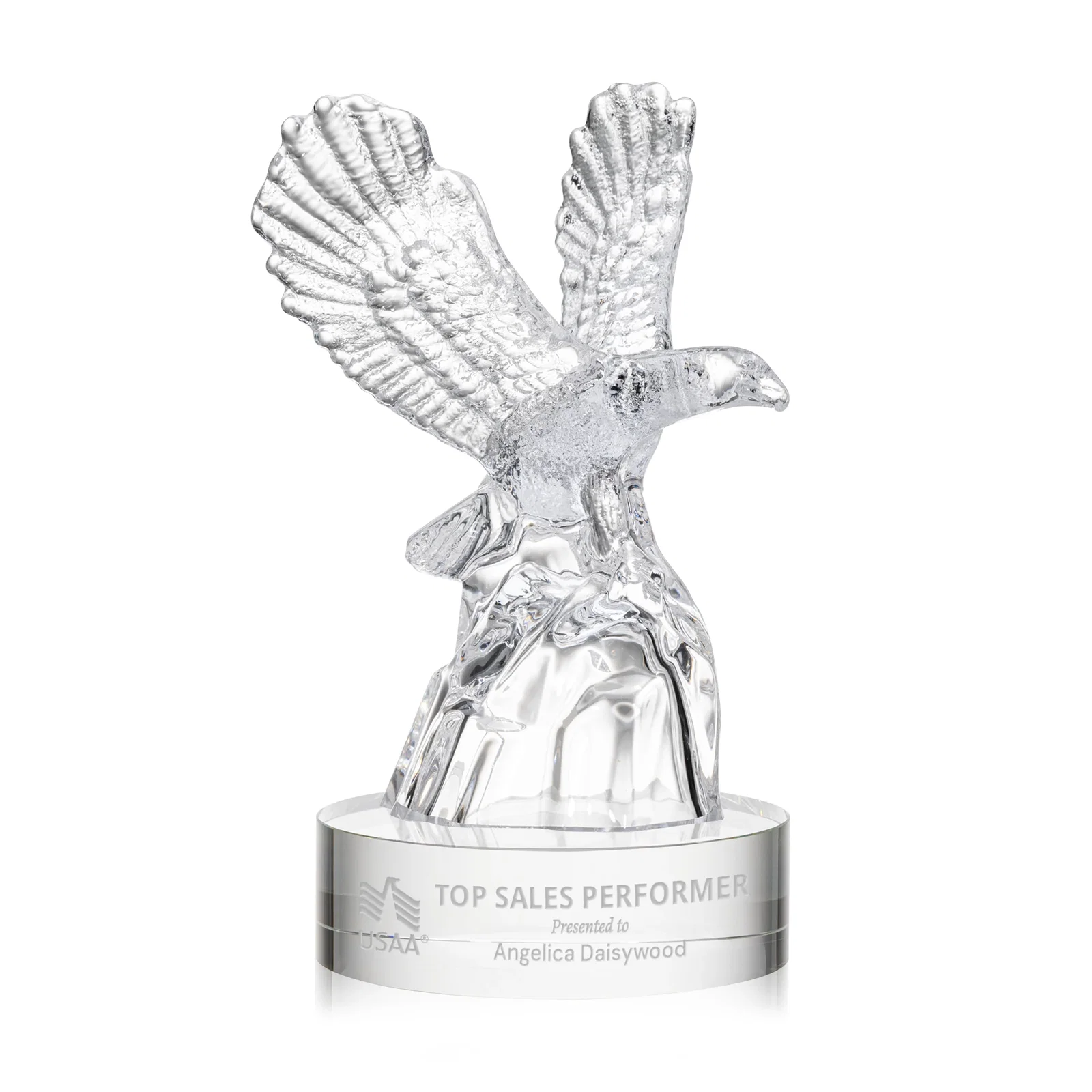 Custom Optical Crystal Eagle Award on a Crystalline Mountain Peak for corporate award ceremonies
