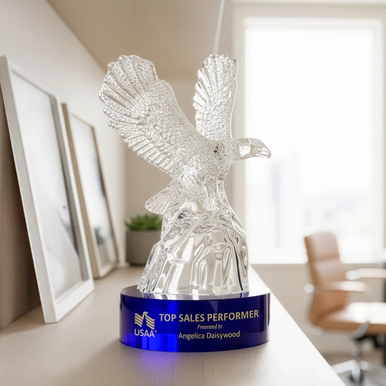 Custom Optical Crystal Eagle Award on a Crystalline Mountain Peak for retirement presentations