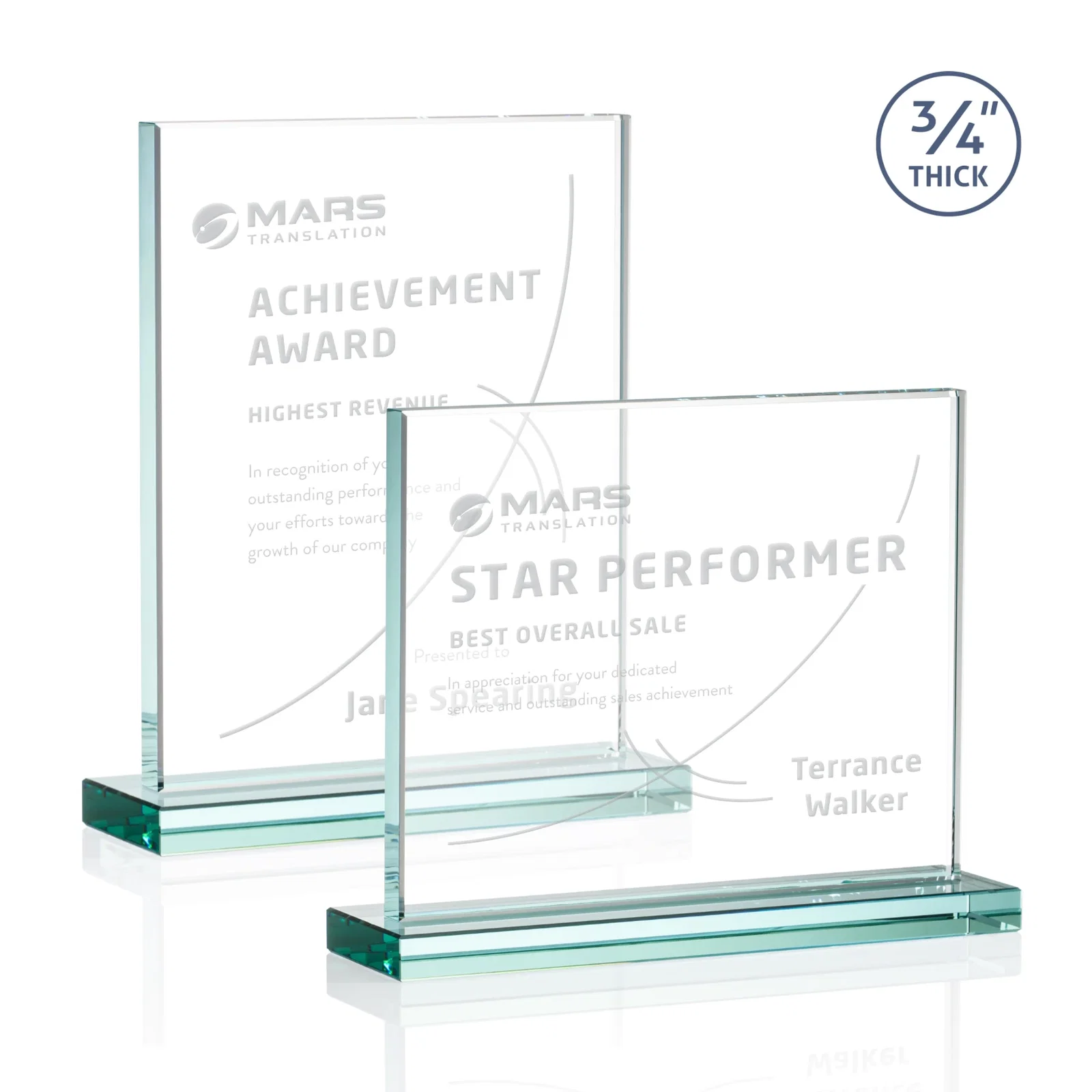 Custom Jade Crystal Upright Award, 0.75 Inch Thick, Built For Deep Etching for employee recognition
