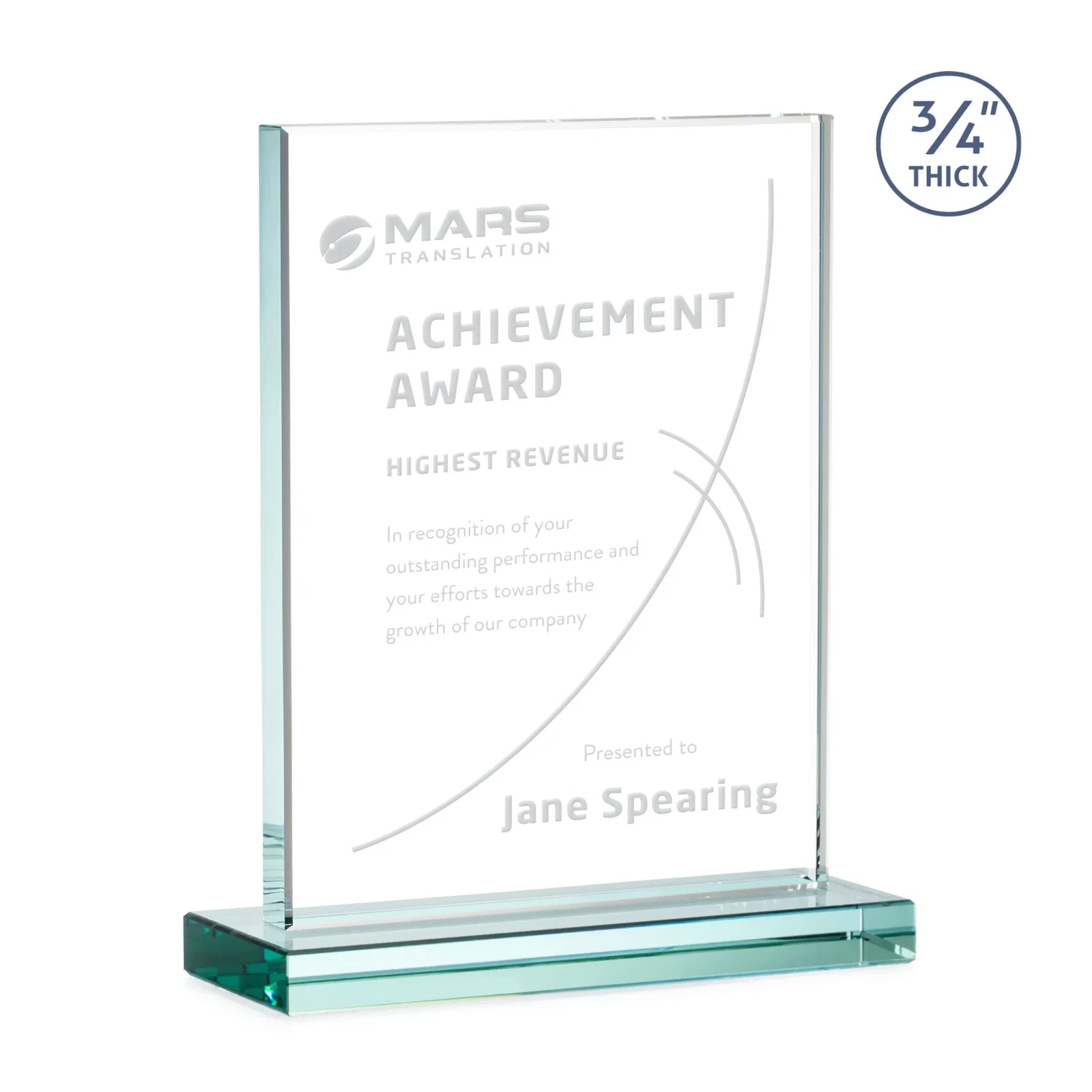 Custom Jade Crystal Upright Award, 0.75 Inch Thick, Built For Deep Etching for volunteer appreciation