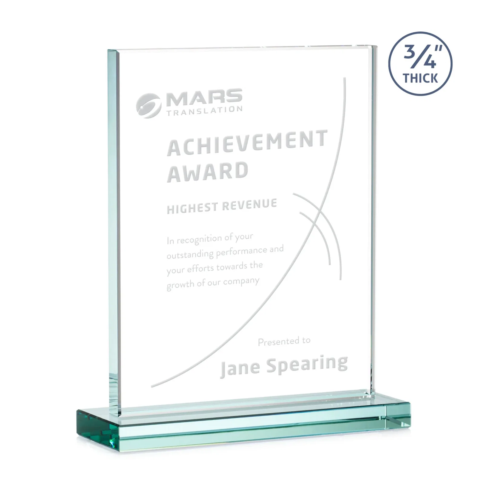 Custom Jade Crystal Upright Award, 0.75 Inch Thick, Built For Deep Etching for dealer and partner awards