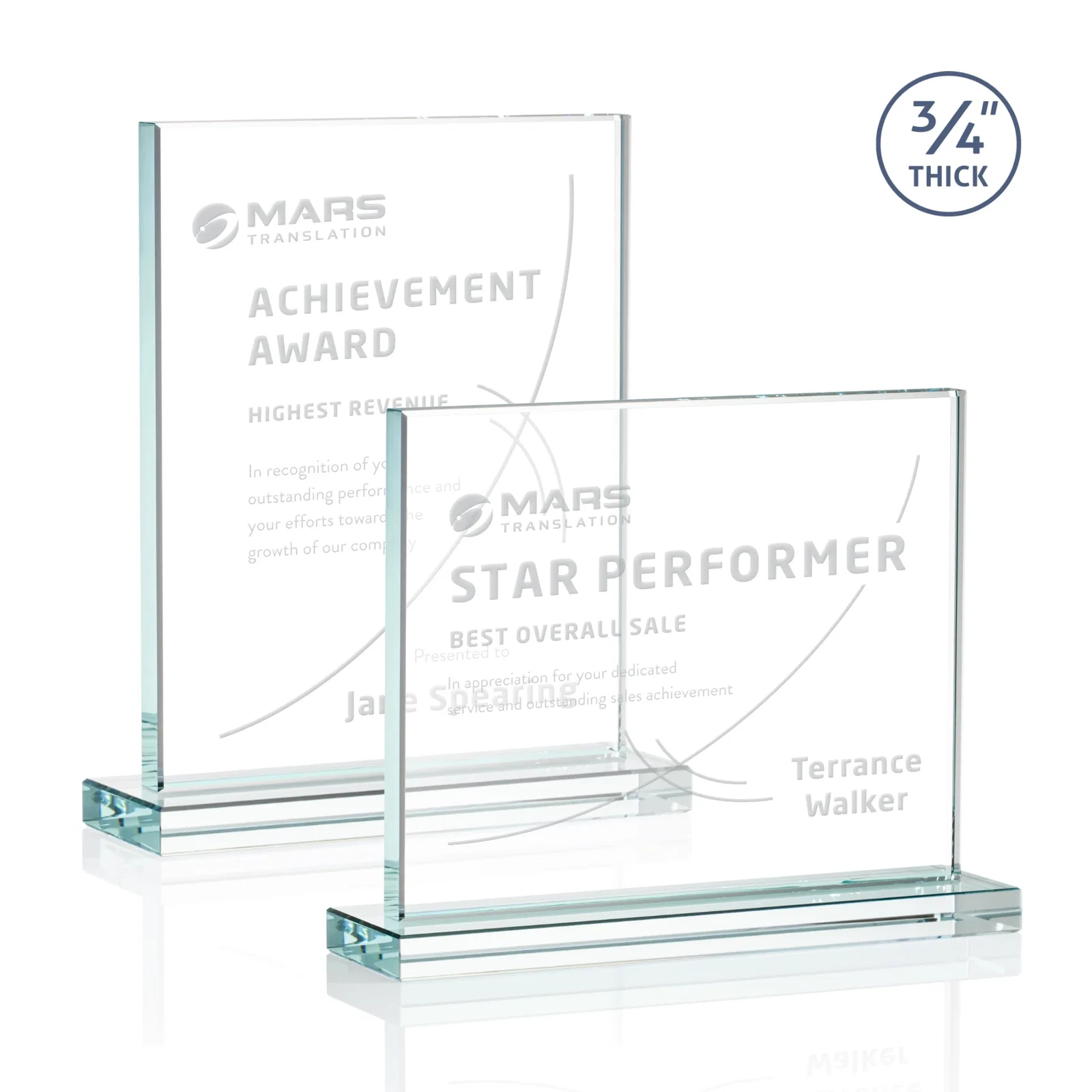 Custom Jade Crystal Upright Award, 0.75 Inch Thick, Built For Deep Etching for company anniversary events