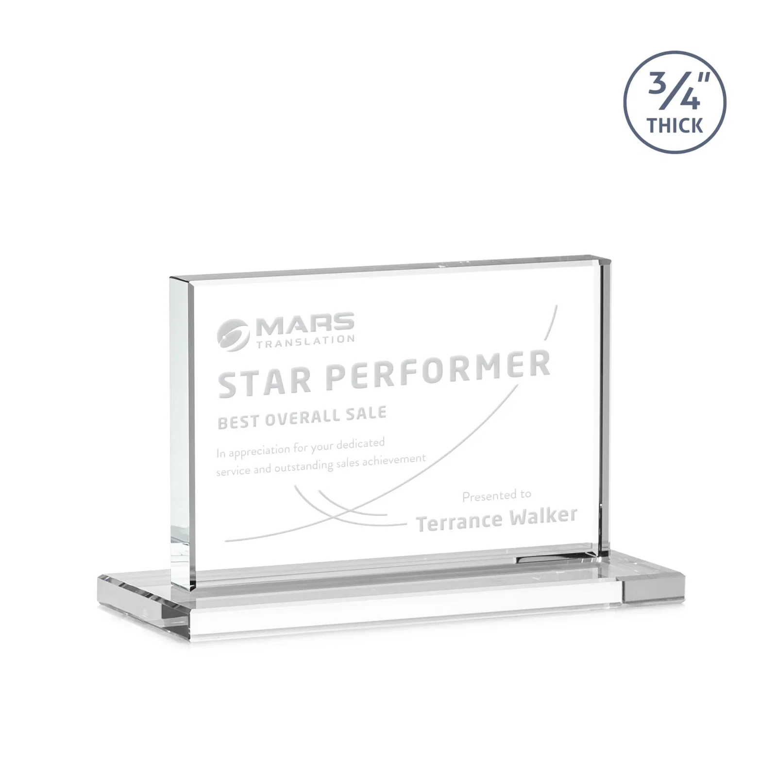 Personalized Jade Crystal Upright Award, 0.75 Inch Thick, Built For Deep Etching for employee recognition